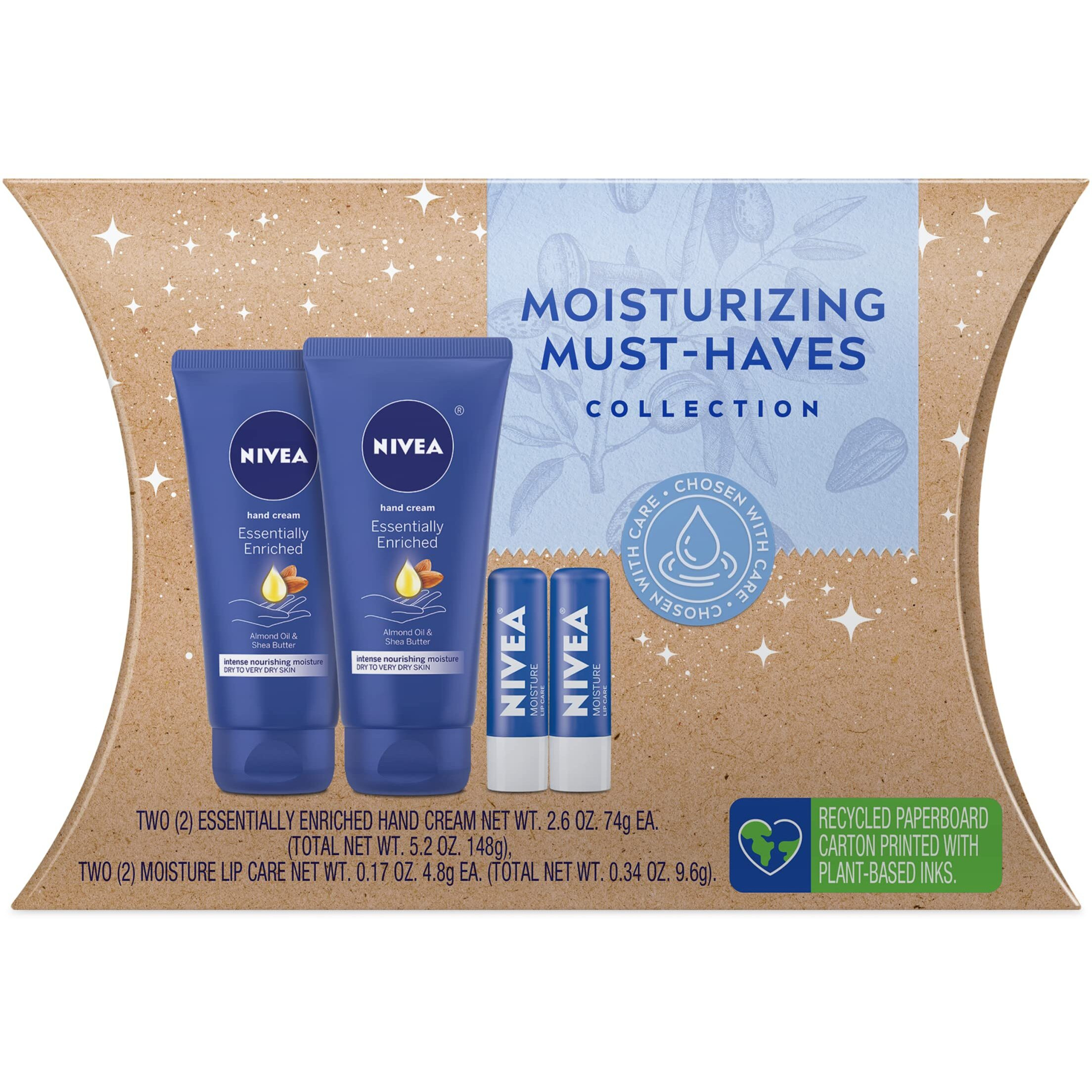 Nivea Moisturizing Must-Haves Skin Care Set, Essentially Enriched Hand Cream With Almond Oil And Shea Butter, 2.6 Oz Tube (Pack Of 2) + Moisture Lip Care Lip Balm, 0.17 Oz Stick (Pack Of 2)