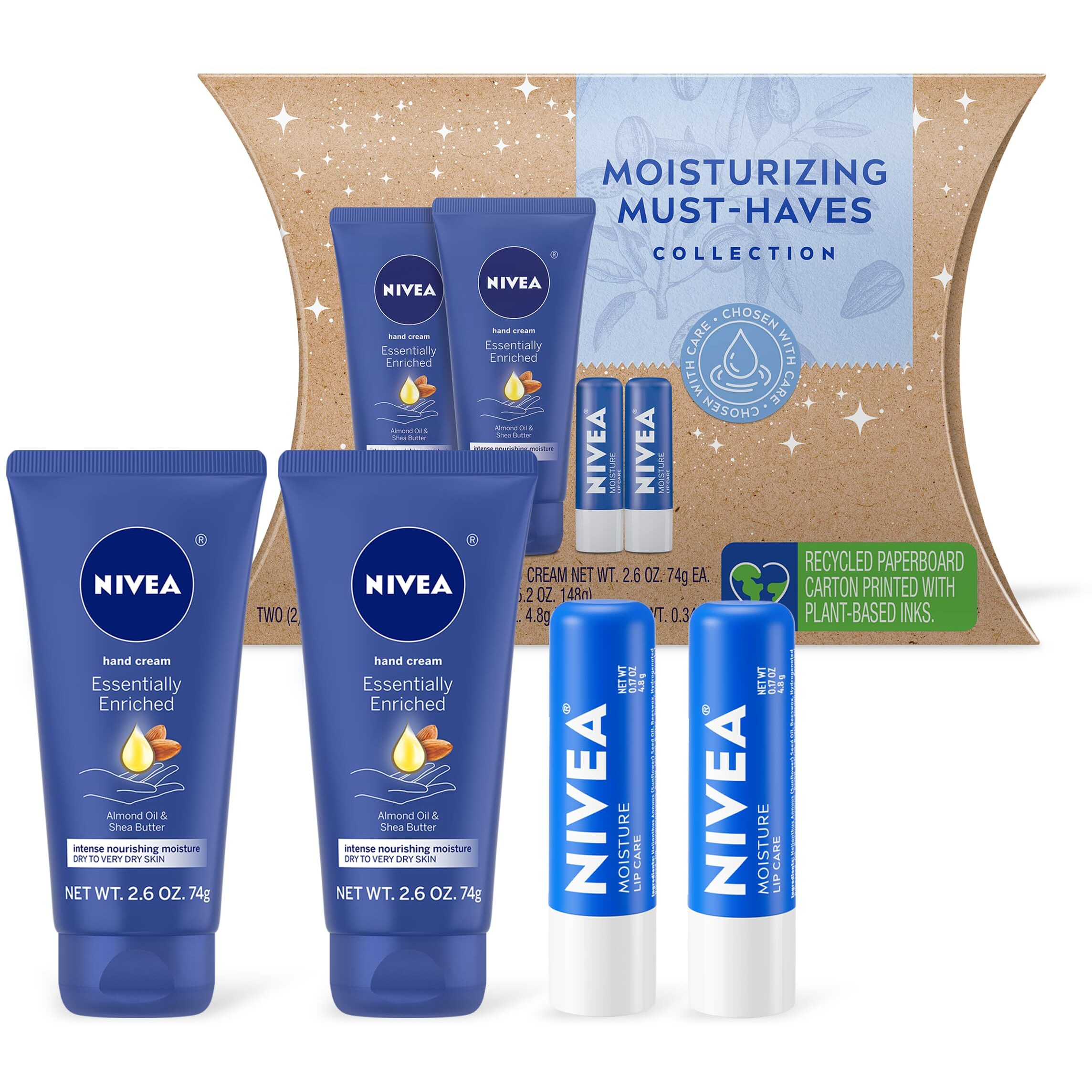 Nivea Moisturizing Must-Haves Skin Care Set, Essentially Enriched Hand Cream With Almond Oil And Shea Butter, 2.6 Oz Tube (Pack Of 2) + Moisture Lip Care Lip Balm, 0.17 Oz Stick (Pack Of 2)