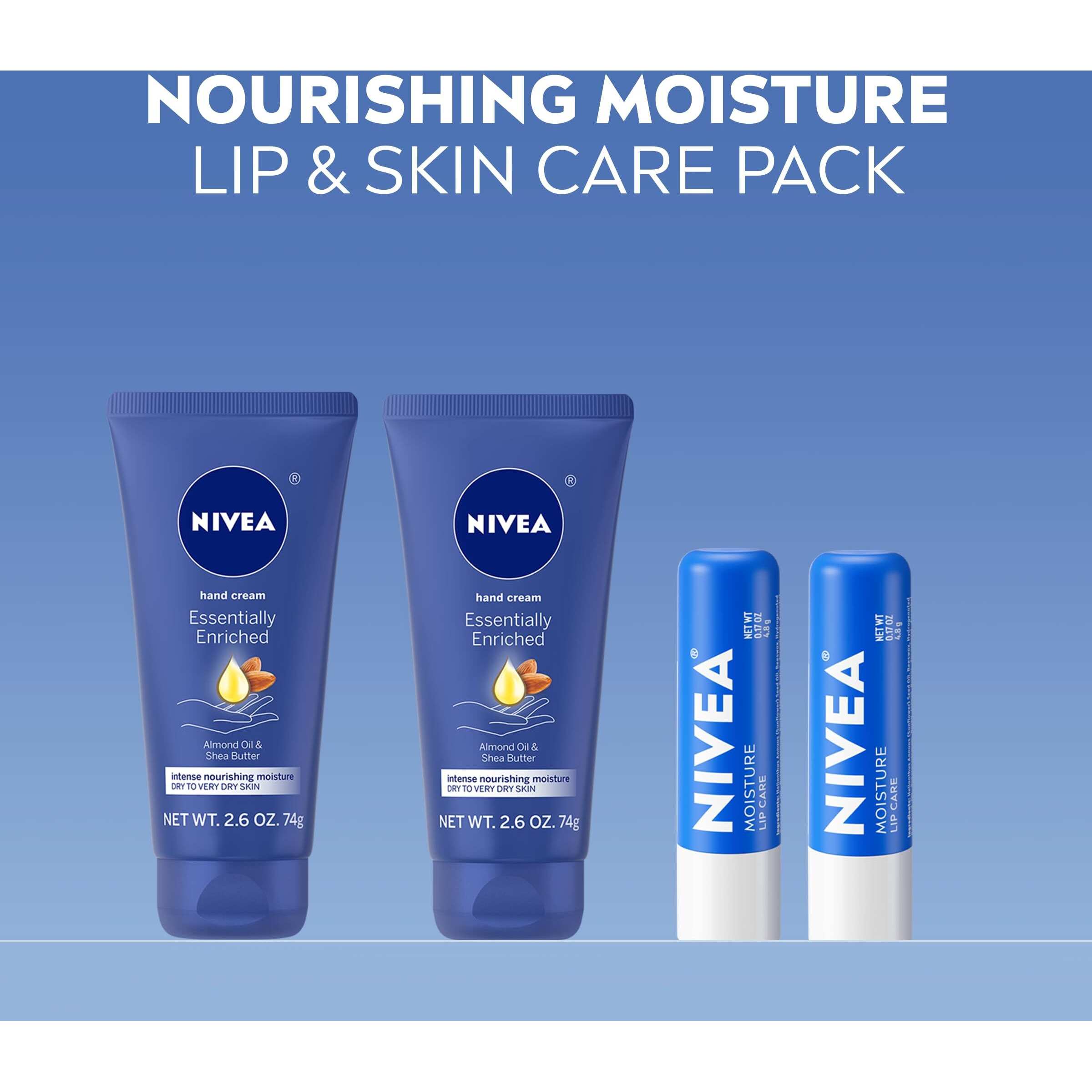 Nivea Moisturizing Must-Haves Skin Care Set, Essentially Enriched Hand Cream With Almond Oil And Shea Butter, 2.6 Oz Tube (Pack Of 2) + Moisture Lip Care Lip Balm, 0.17 Oz Stick (Pack Of 2)