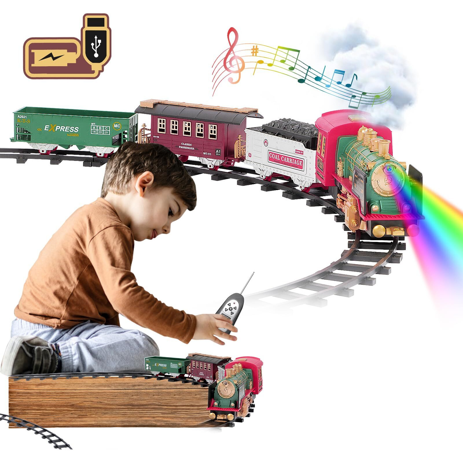 Train Set For Christmas Tree, Updated Chargeable Remote Control Electric Train Toy For Boys Girls W/Smokes, Lights & Sound, Railway Kits W/Steam Locomotive Engine, For 2 3 4 5 6 7 8+ Year Old Kids