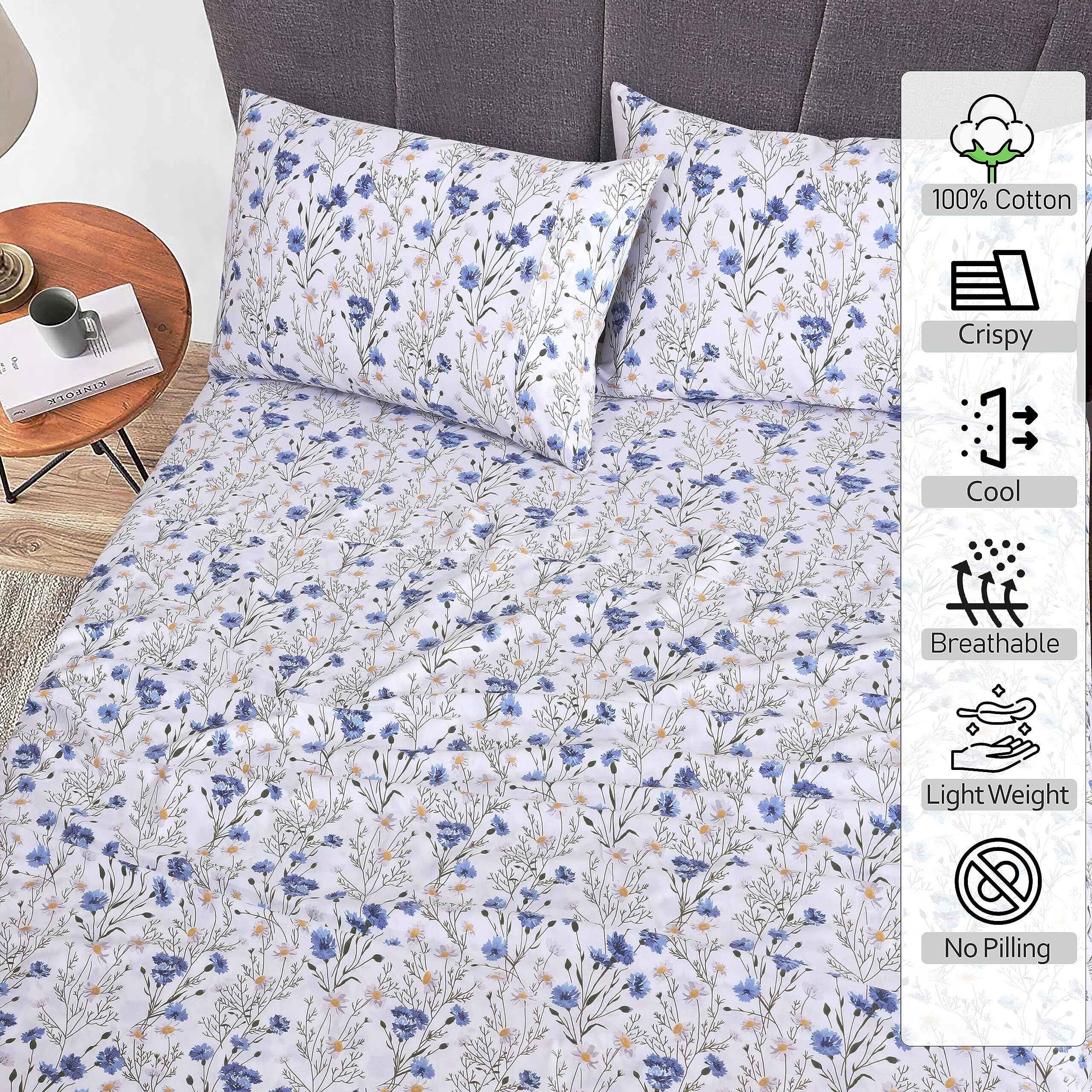 Ruvanti 100% Cotton Sheets - Crispy Cooling Percale Sheets For Queen Size Bed, Breathable & Durable Queen Sheet Set, 16 Inches Deep Pocket Bed Sheets, Sweet Pea, 4 Pieces