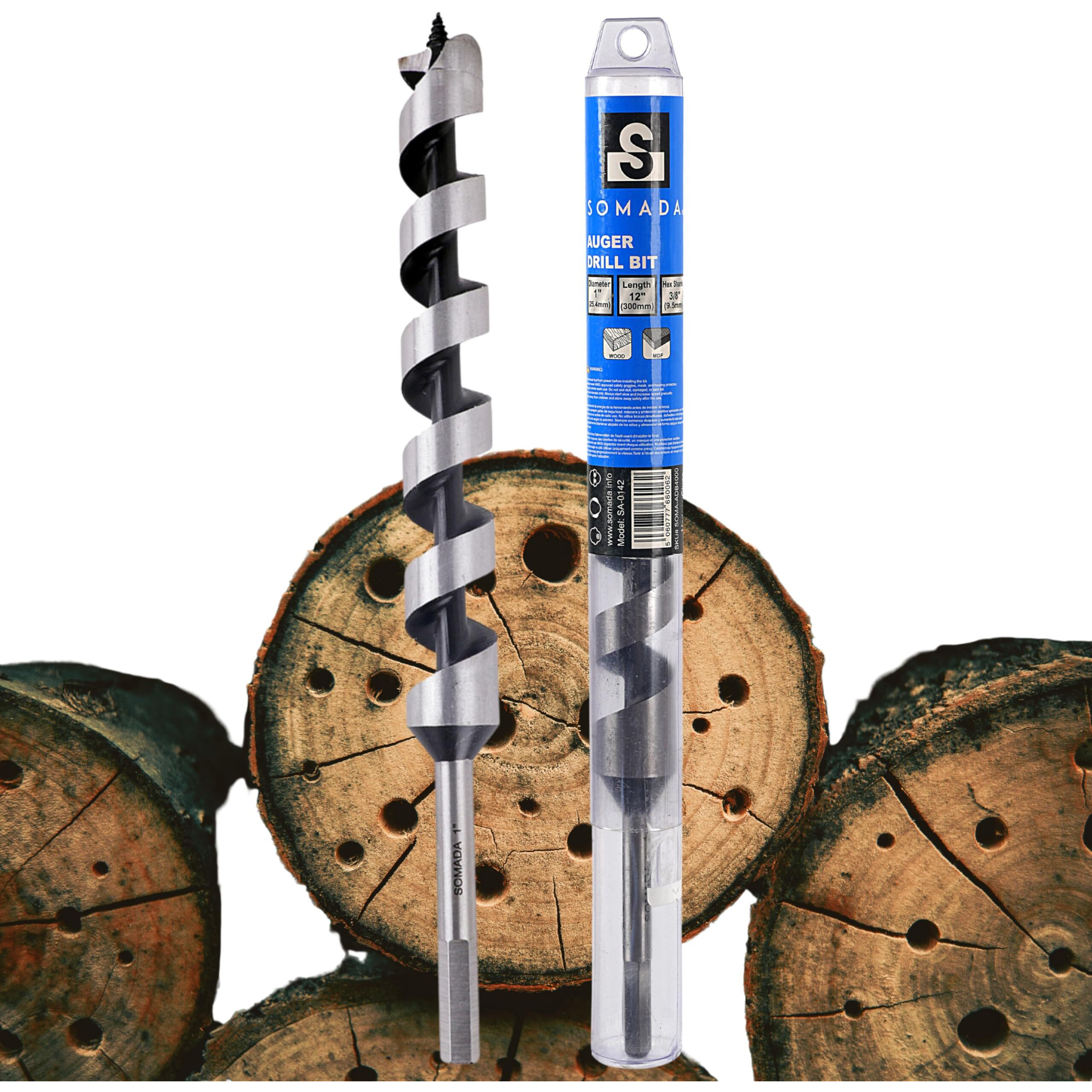 Somada 1-Inch X 12-Inch Auger Drill Bit For Wood, Hex Shank 3/8-Inch One Piece, Ship Auger Long Drill Bit For Soft And Hard Wood, Plastic, Drywall And Composite Materials