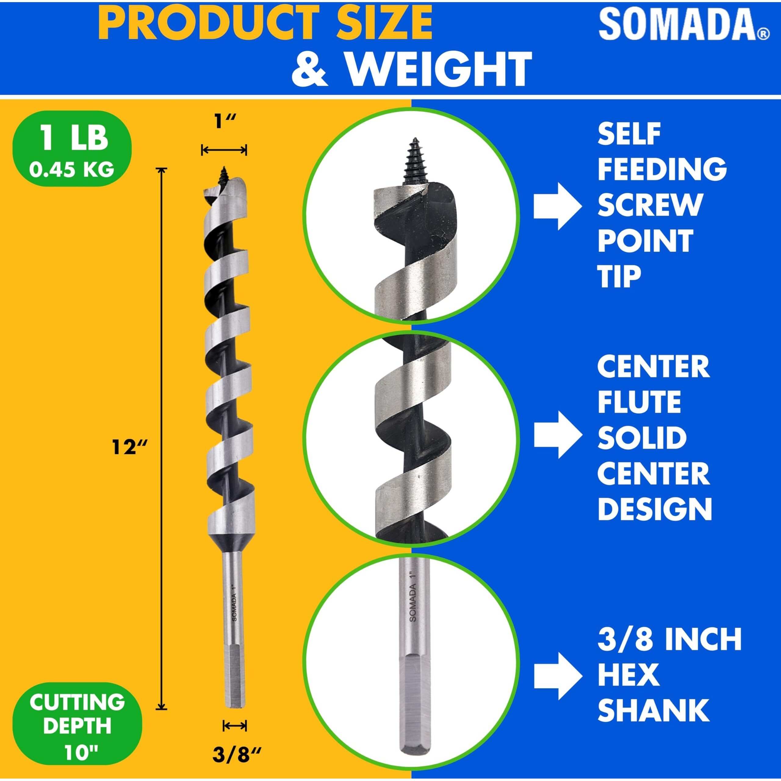 Somada 1-Inch X 12-Inch Auger Drill Bit For Wood, Hex Shank 3/8-Inch One Piece, Ship Auger Long Drill Bit For Soft And Hard Wood, Plastic, Drywall And Composite Materials