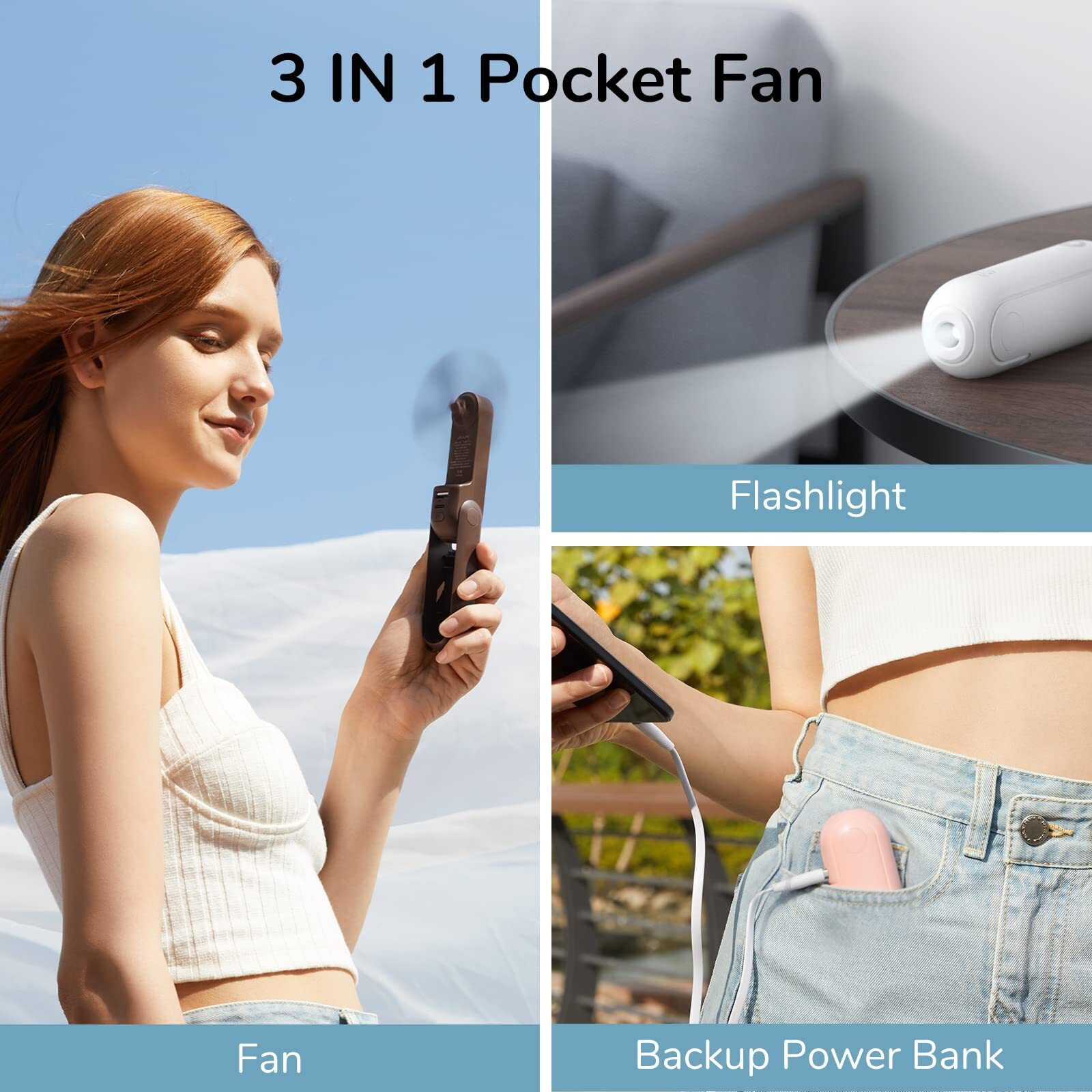 Jisulife Handheld Mini Fan, 3 In 1 Hand Fan, Usb Rechargeable Small Pocket Fan [12-19 Working Hours] With Power Bank, Flashlight, Portable Fan For Travel/Summer/Concerts/Lash, Gifts For Women(Pink)