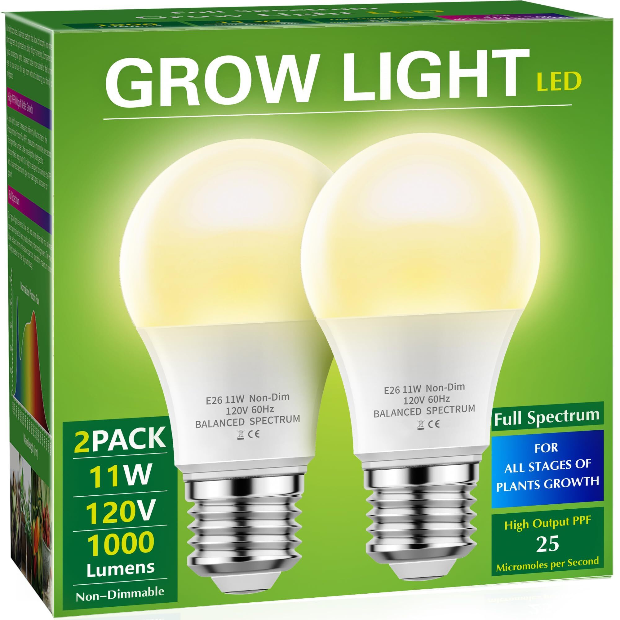 Grow Light Bulbs, Briignite Led Grow Light Bulb A19 Bulb, Full Spectrum Grow Light Bulb, Plant Light Bulbs E26 Base, 11W Grow Bulb 100W Equivalent, Grow Light For Indoor Plants, Seed Starting, 2Pack