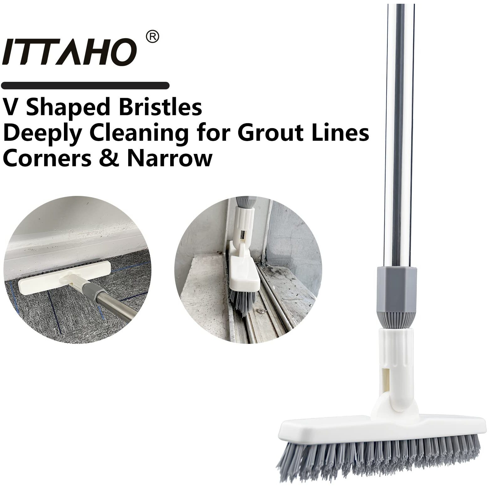 Ittaho 2 Pack Grout Brush With Long Handle, 56.5'' Swivel Grout Cleaning Brush, V-Shape Grout Scrub Brush, Extendable Handle Grout Cleaner Brush For Tile Floors,Bathroom,Baseboard,Shower,Corner