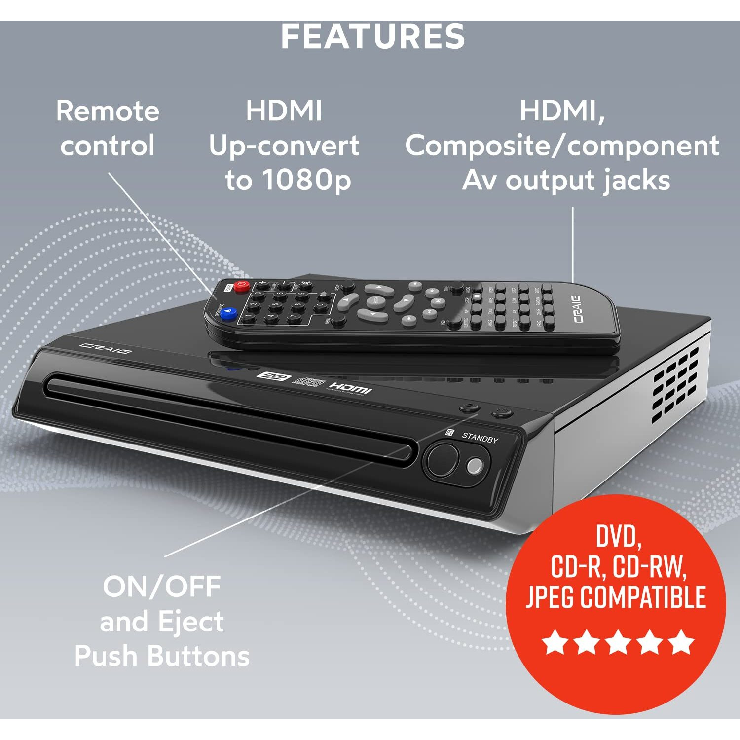 Craig Cvd401A Compact Hdmi Dvd Player With Remote In Black | Compatible With Dvd-R/Dvd-Rw/Jpeg/Cd-R/Cd-R/Cd | Progressive Scan | Up-Convert To 1080P |