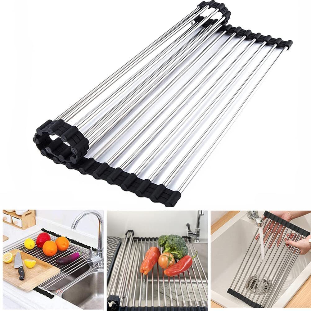 Fafcitvz Stainless Steel Roll Up Dish Rack Over The Sink Roll Out Dish Drying Rack For Kitchen Dishes,Cups