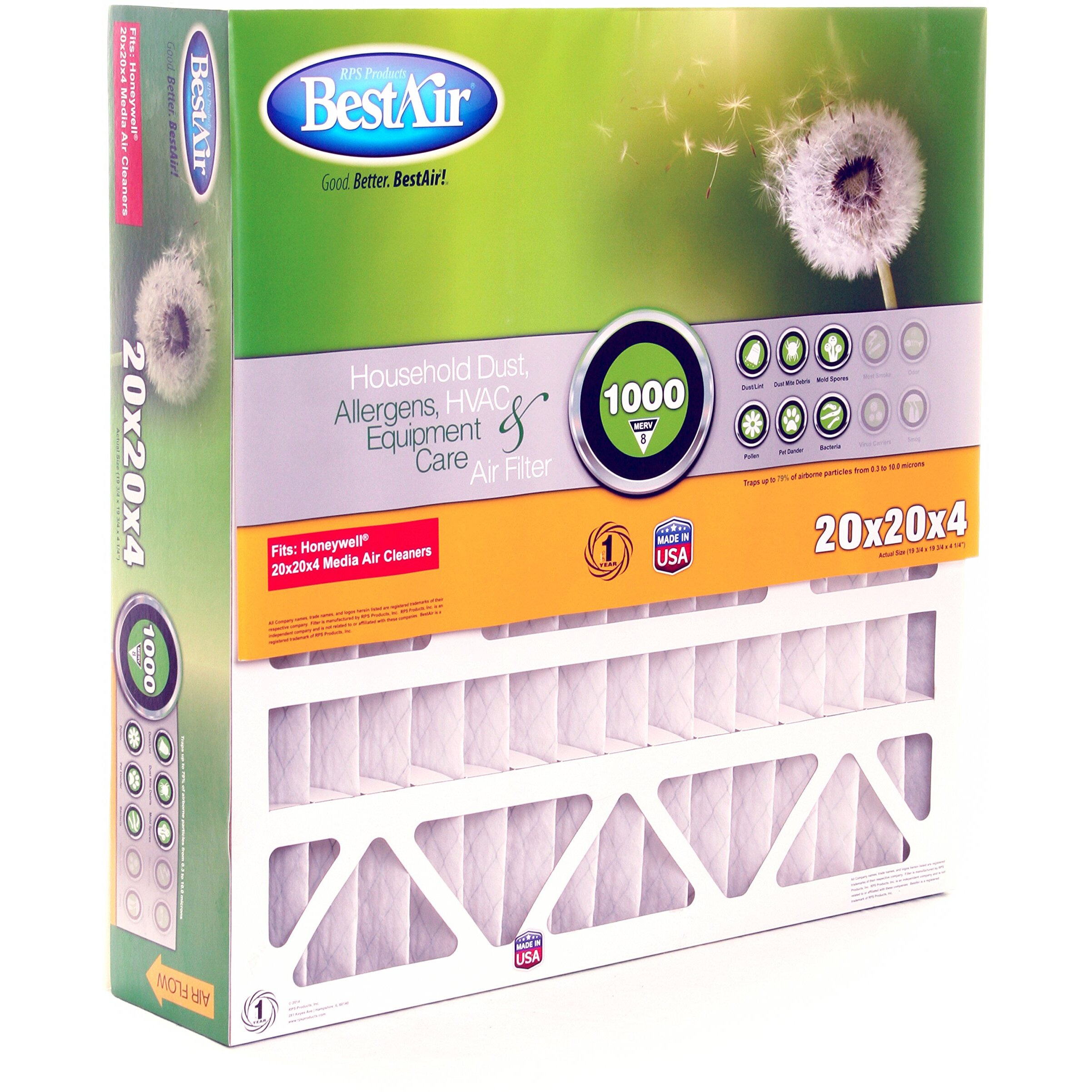 Bestair Hw2020-8R Ac Furnace Air Filter, 20"" X 20"" X 4"", Merv 8, Removes Allergens & Contaminants, Fits 100%, For Honeywell Models, Pack Of 1
