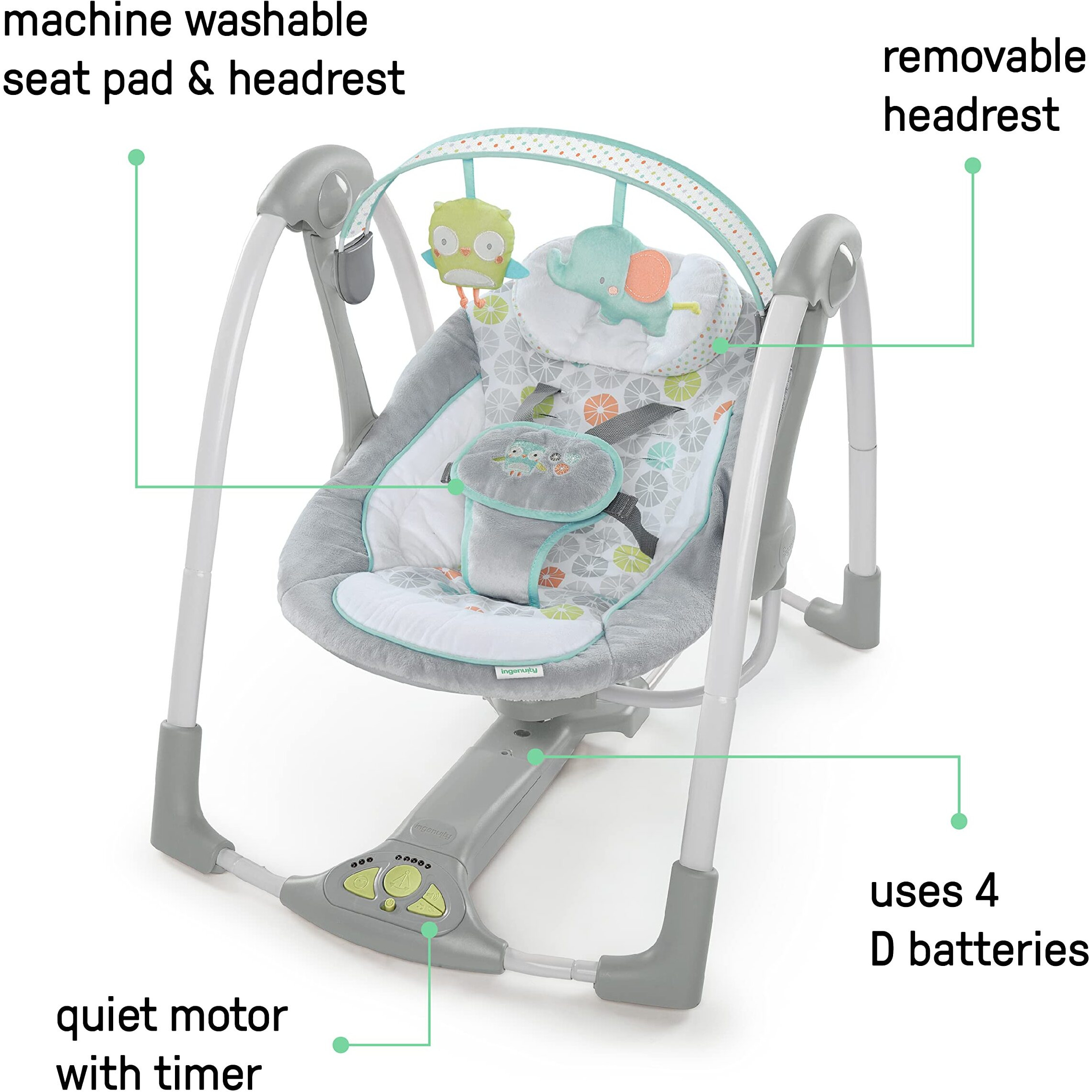Ingenuity Swing 'N Go 5-Speed Baby Swing - Foldable, Portable, 2 Plush Toys & Sounds, 0-9 Months 6-20 Lbs (Hugs & Hoots)