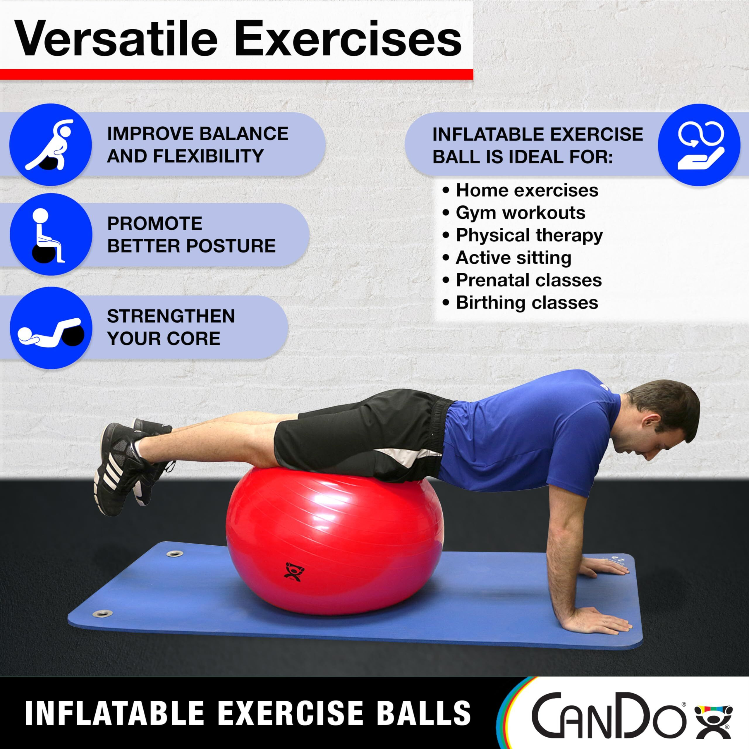Cando Inflatable Exercise Ball - Red 21.6"", Durable Extra Thick Non-Slip Stability Ball For Core Workouts, Yoga, Pilates, Active Seating, Physical Therapy, Pregnancy, Home Gym, Flexibility