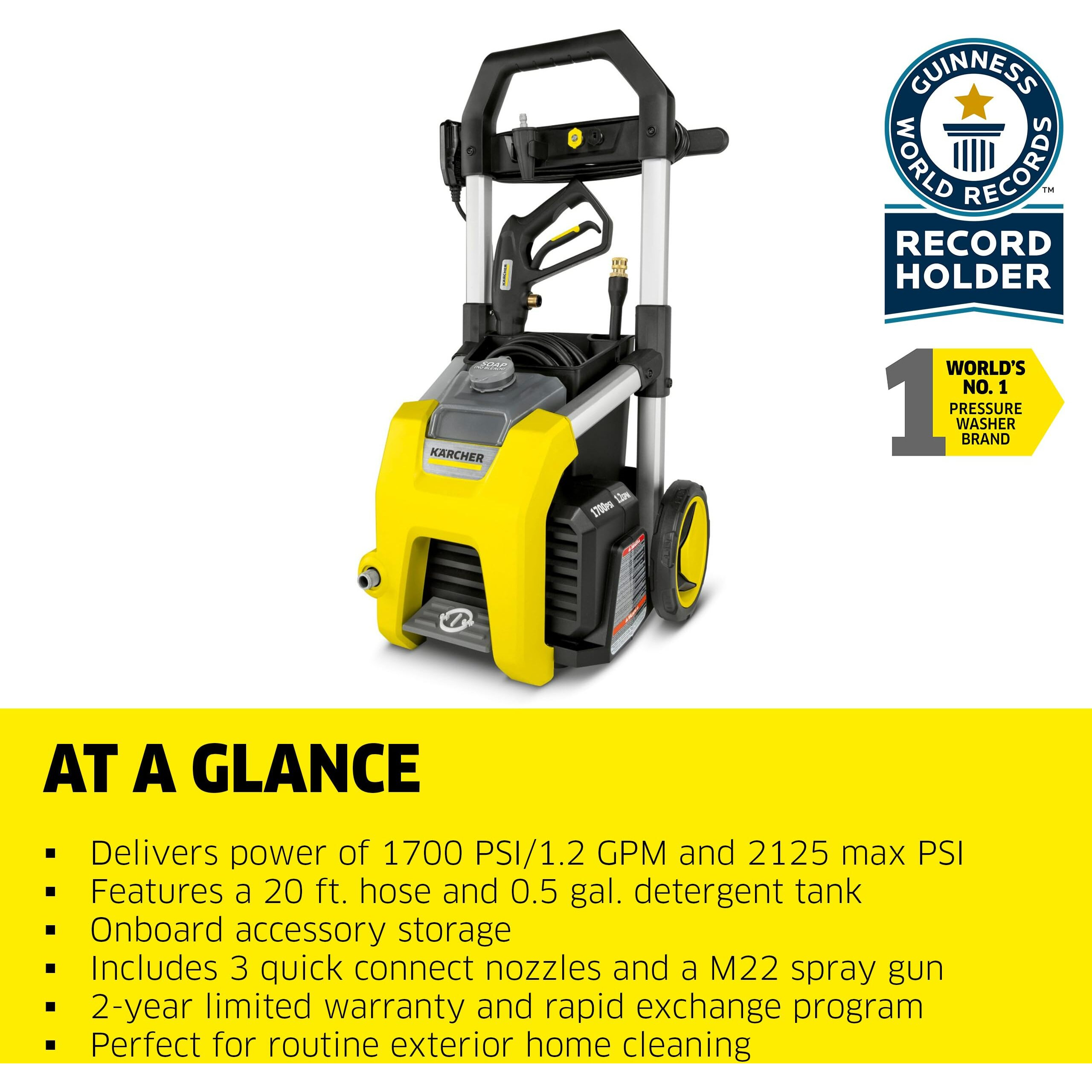 Krcher K1700 Electric Pressure Washer, 3 Spray Nozzles, Detergent Tank, For Cars, Driveways, Siding, Patios, 2125 Max Psi 1.2 Gpm