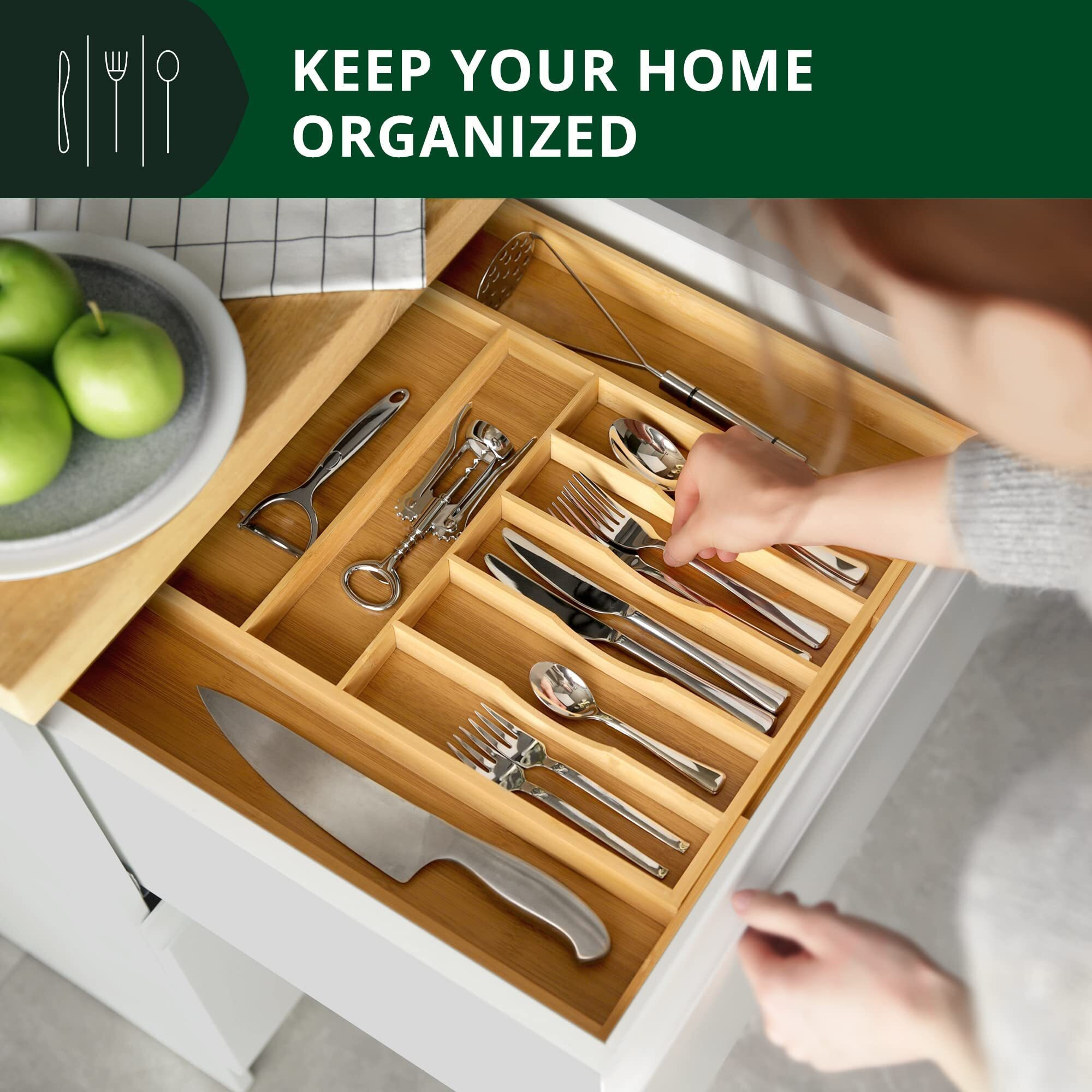 Luxury Bamboo Kitchen Drawer Organizer - Silverware Organizer - Utensil Holder And Cutlery Tray With Grooved Drawer Dividers For Flatware And Kitchen Utensils (9 Slot, Natural)
