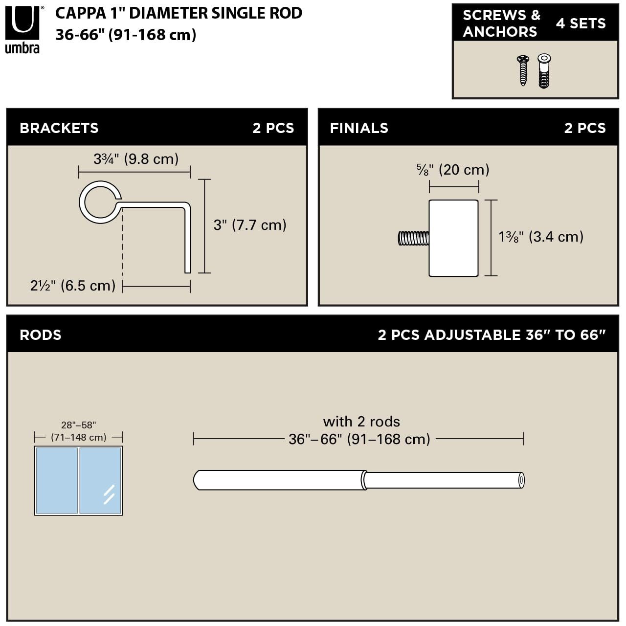 Umbra Cappa Curtain Rod, Includes 2 Matching Finials, Brackets & Hardware, 36 To 66-Inches, Gold