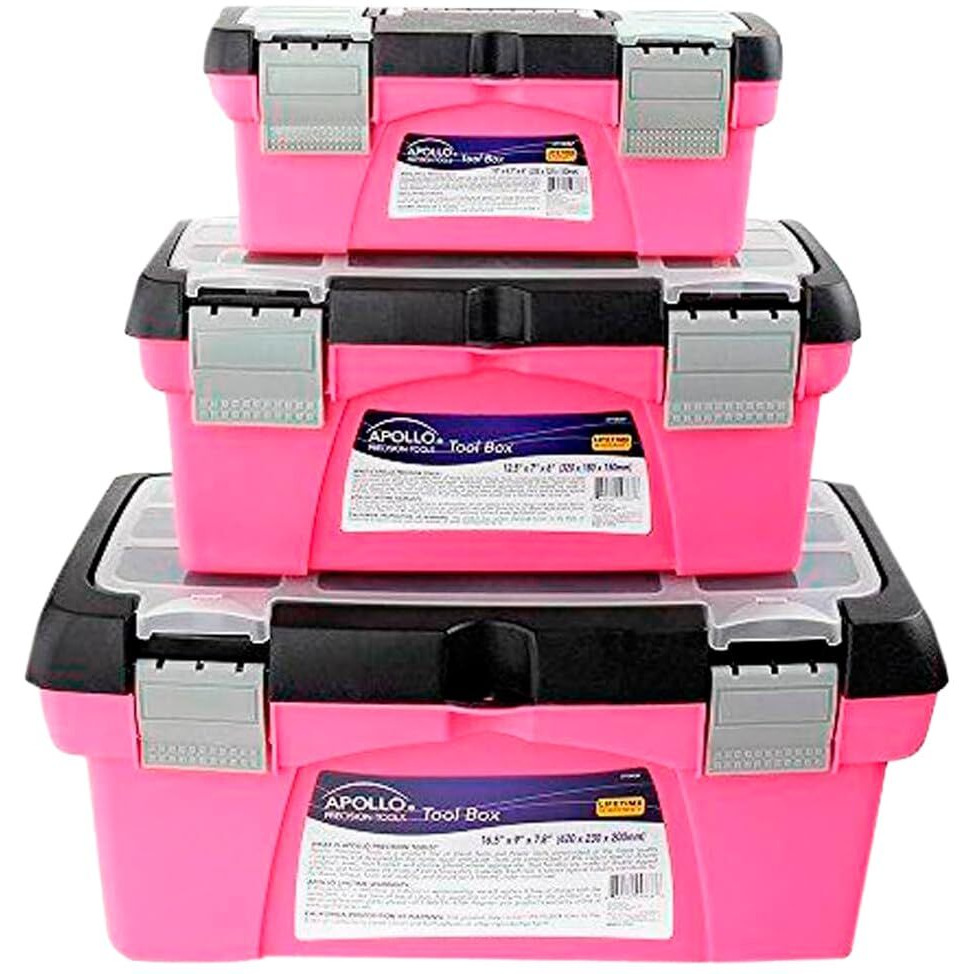 Apollo Tools Set Of 3 Pink Stackable Tool Boxes With Top Compartment And Removable Trays For Crafts, Tool Storage - Pink Ribbon - Pink/Black - Dt5005P