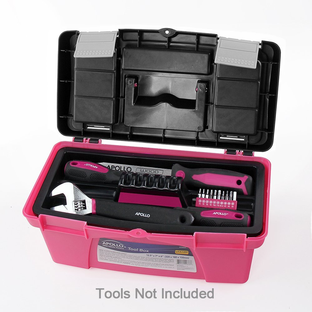 Apollo Tools Set Of 3 Pink Stackable Tool Boxes With Top Compartment And Removable Trays For Crafts, Tool Storage - Pink Ribbon - Pink/Black - Dt5005P