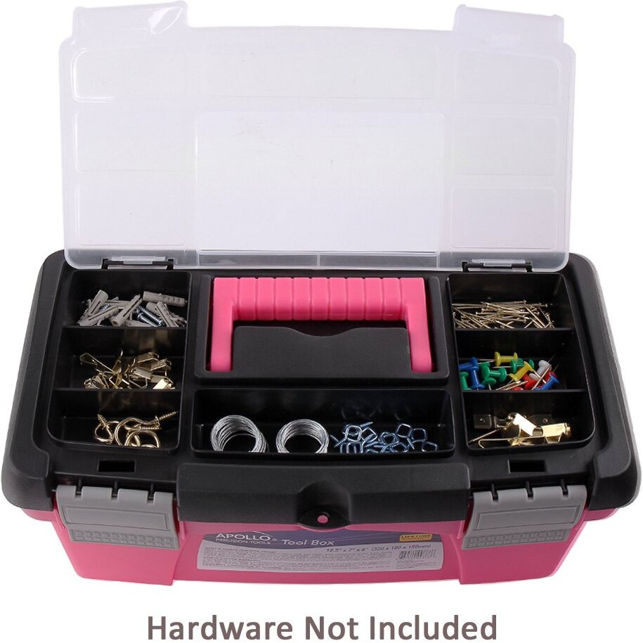 Apollo Tools Set Of 3 Pink Stackable Tool Boxes With Top Compartment And Removable Trays For Crafts, Tool Storage - Pink Ribbon - Pink/Black - Dt5005P