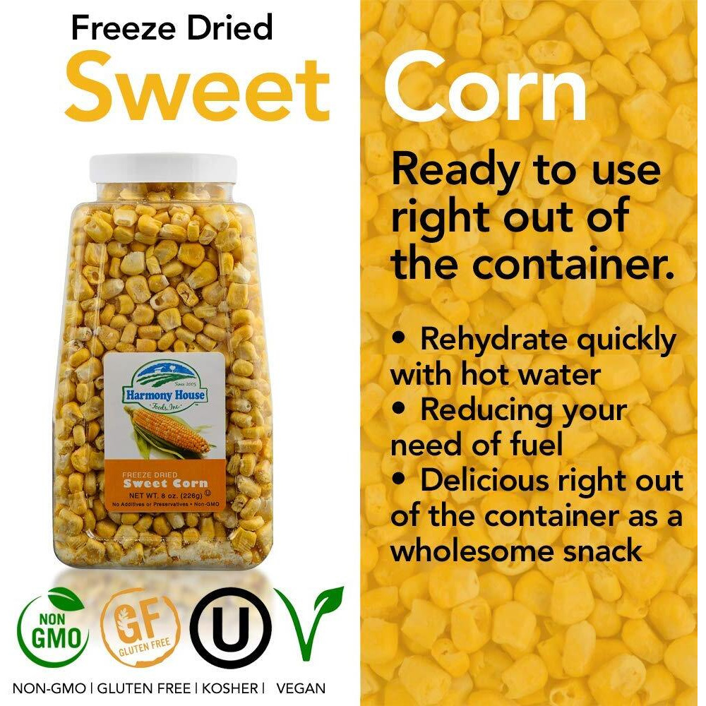 Premium Sweet Corn Freeze-Dried - 100% Natural, Healthy Snack, 8 Oz, Quart Size Jar By Harmony House Foods