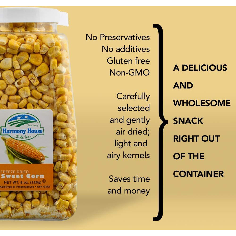 Premium Sweet Corn Freeze-Dried - 100% Natural, Healthy Snack, 8 Oz, Quart Size Jar By Harmony House Foods