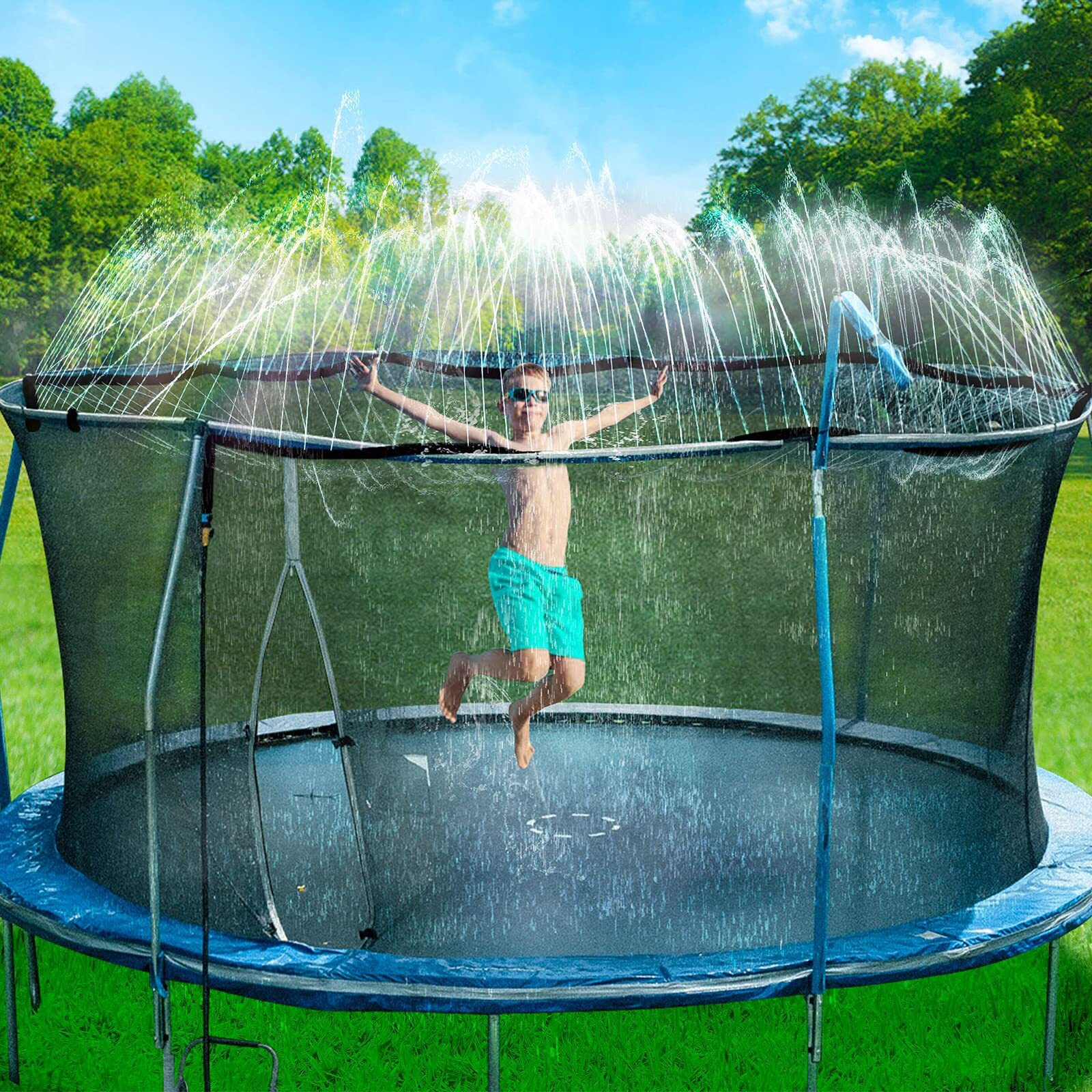 Bobor Trampoline Sprinkler For Kids, Outdoor Backyard Water Park Fun Summer Outdoor Water Sprinkler Toys For Boys Girls (Black, 39Ft)