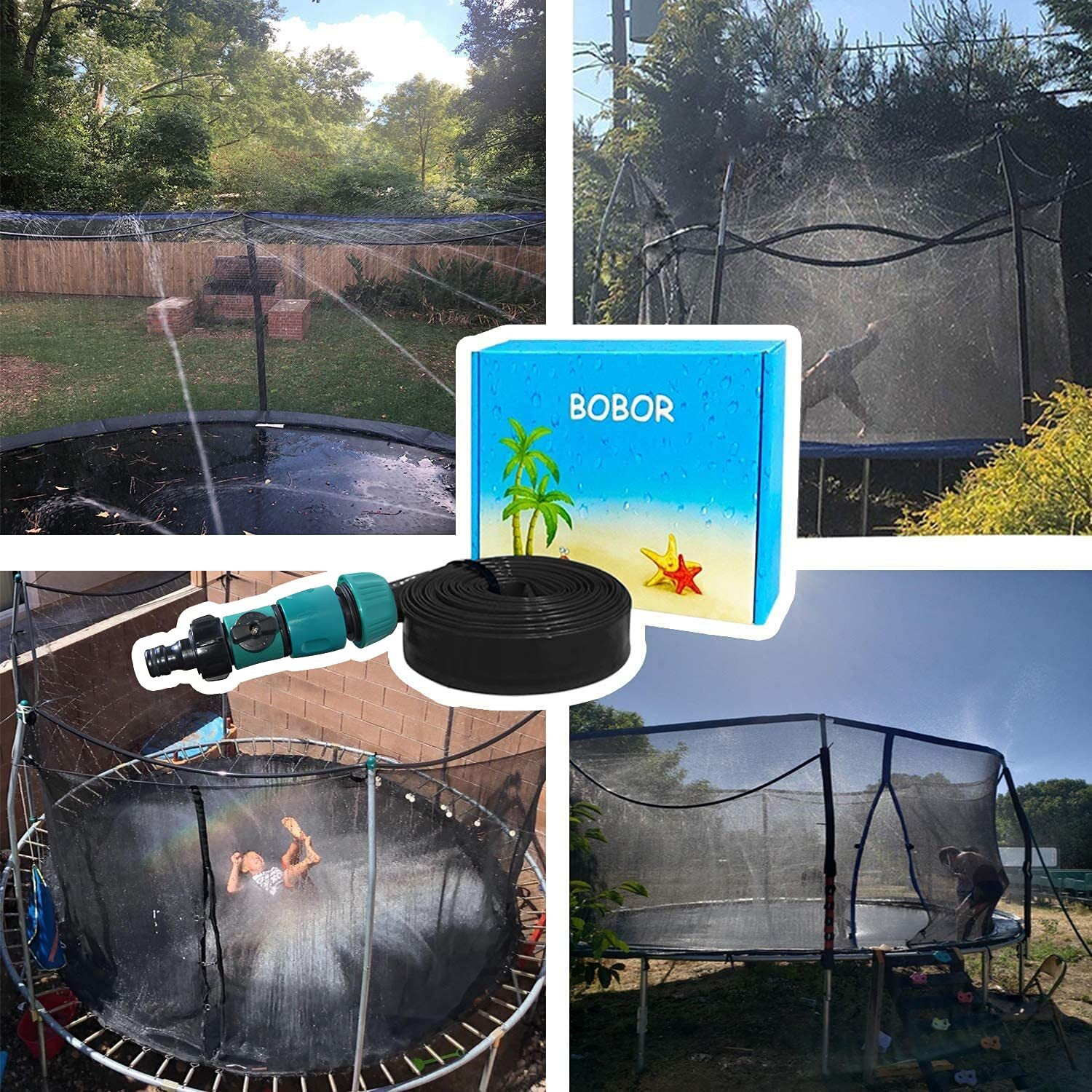 Bobor Trampoline Sprinkler For Kids, Outdoor Backyard Water Park Fun Summer Outdoor Water Sprinkler Toys For Boys Girls (Black, 39Ft)