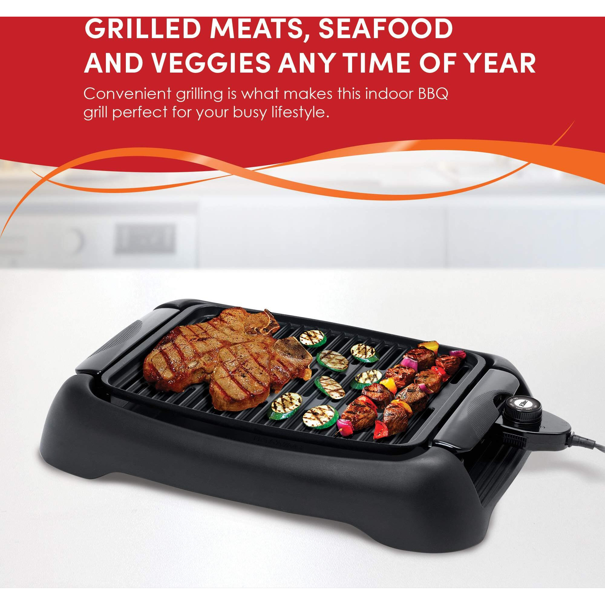 Elite Gourmet Egl-3450 Smokeless Indoor Electric Bbq Grill Dishwasher Safe, Nonstick, Adjustable Temperature, Fast Heat Up, Low-Fat Meals Easy To Clean Design, Black