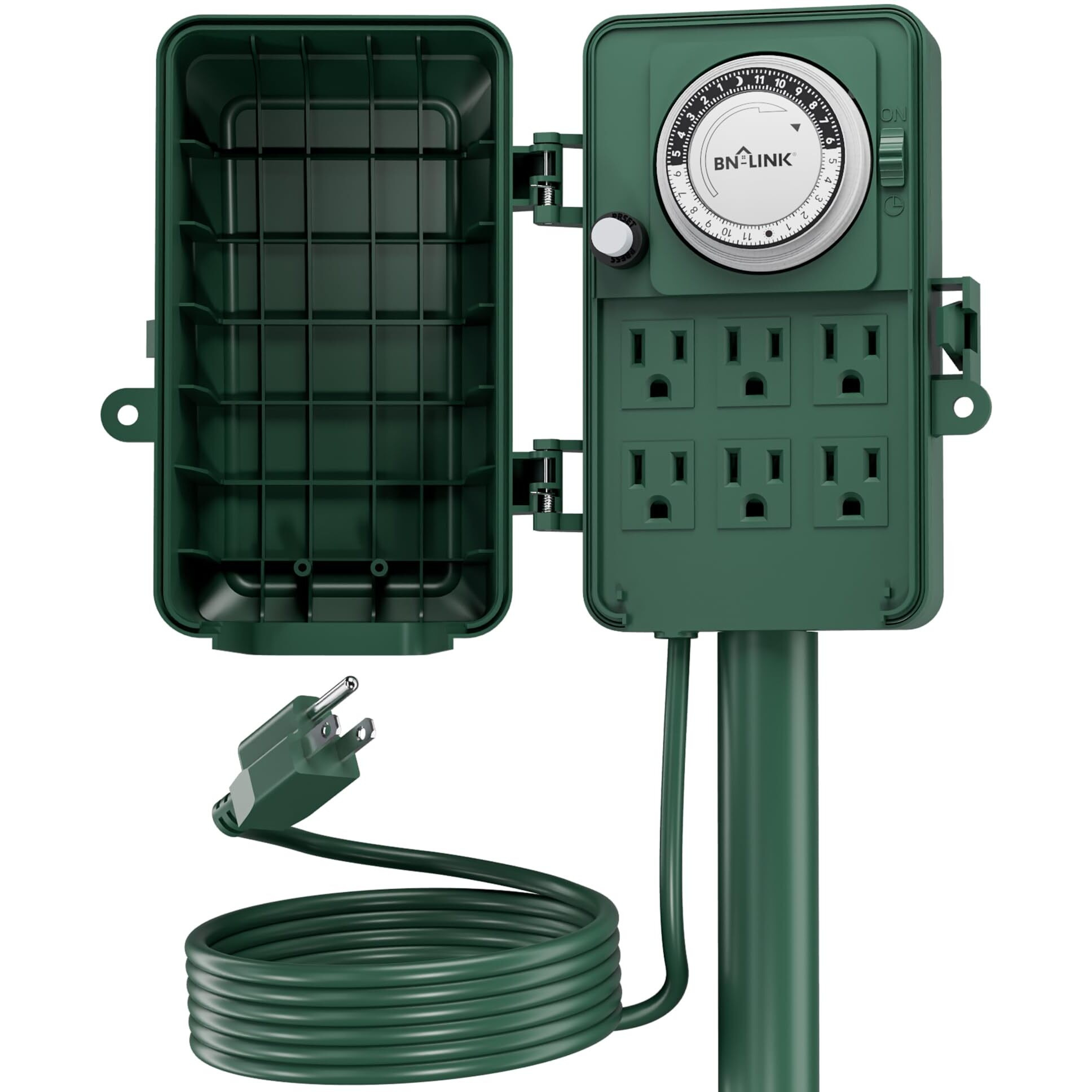 Bn-Link 24 Hour Mechanical Outdoor Multi Socket Timer, 6 Outlet Garden Power Stake With 6Ft Cords, Outdoor Timers For Christmas Lights, Etl Listed, 125V, 15A/1875W