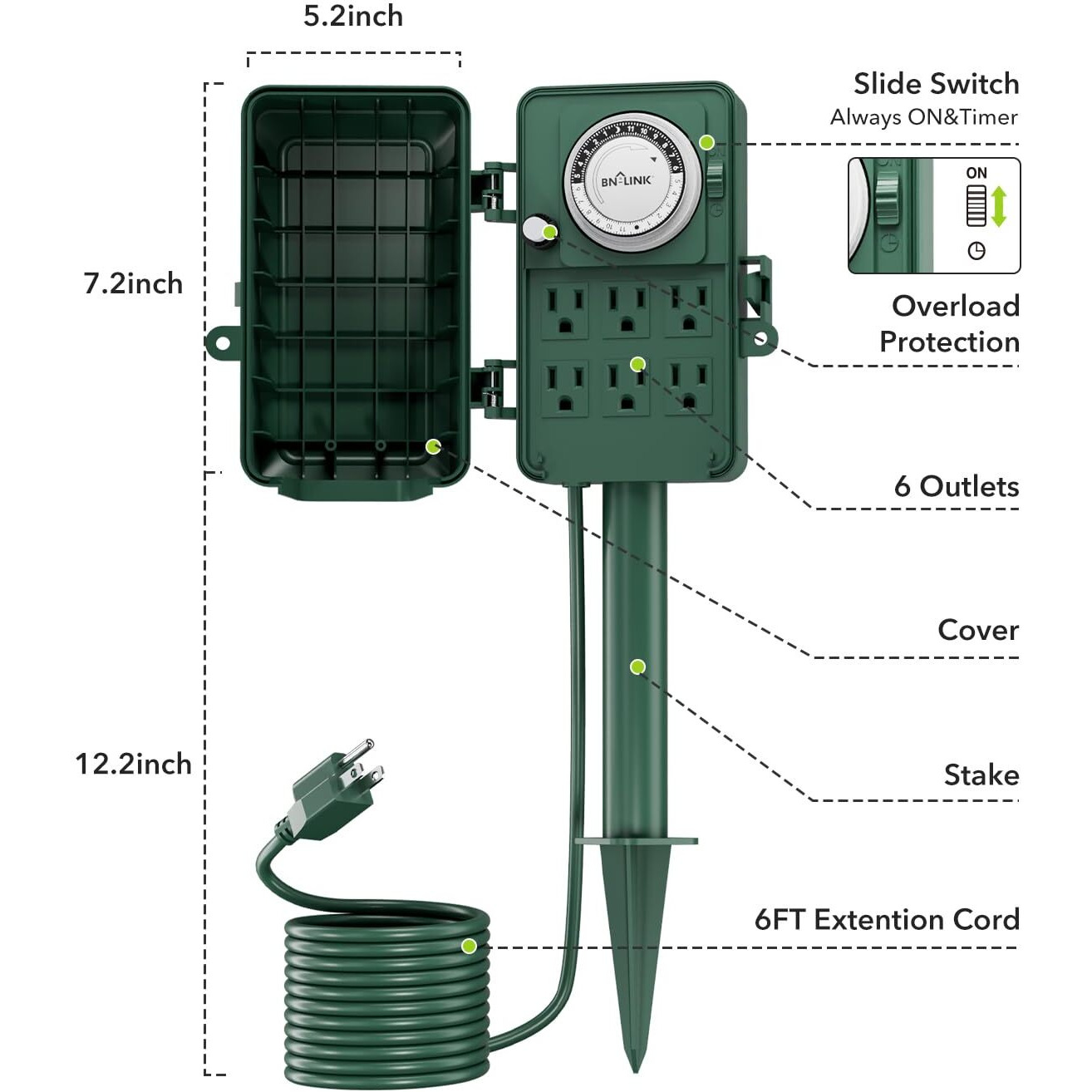 Bn-Link 24 Hour Mechanical Outdoor Multi Socket Timer, 6 Outlet Garden Power Stake With 6Ft Cords, Outdoor Timers For Christmas Lights, Etl Listed, 125V, 15A/1875W
