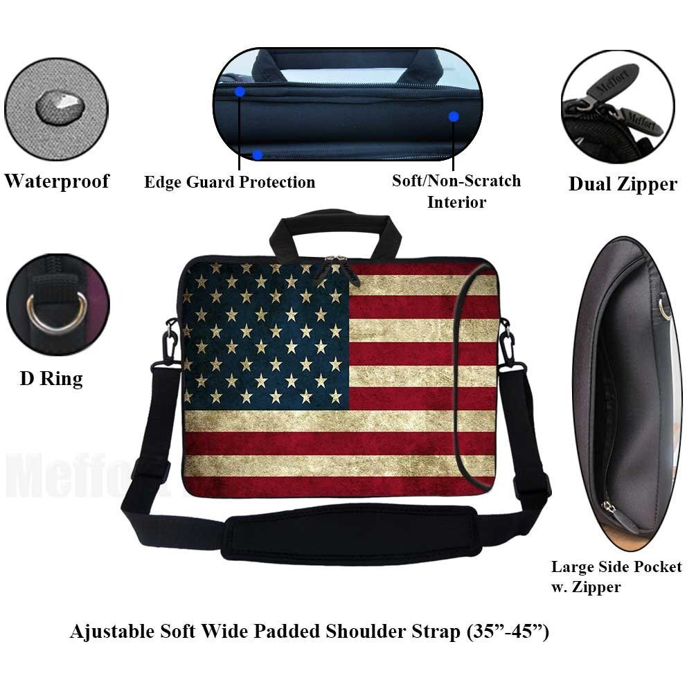 Meffort Inc 15.6 Inch Neoprene Laptop Bag - Water Resistant, Reinforced Zipper, Adjustable Shoulder Strap, Extra Side Pocket, Fits 15 To 15.6 Inch Laptops - Usa Flag