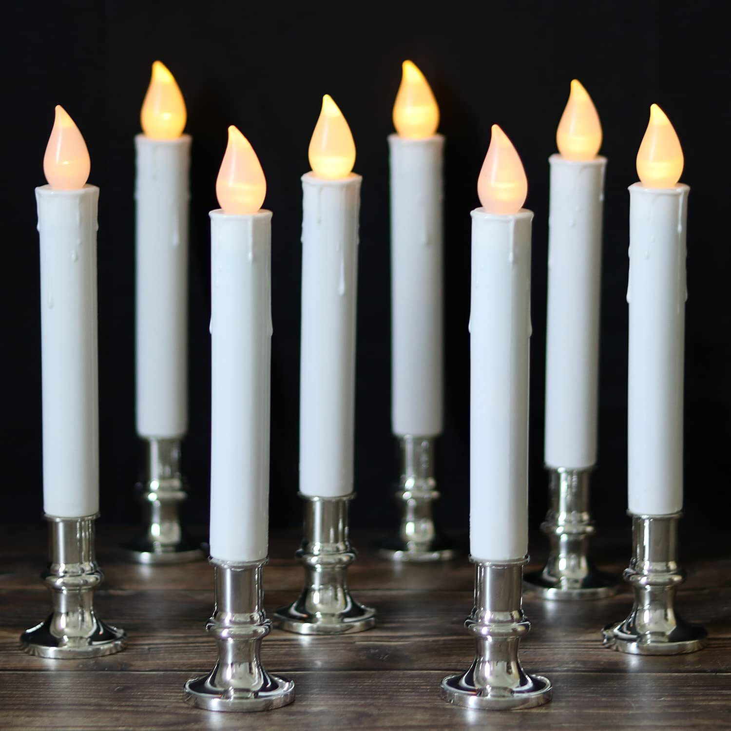 Dromance 9"" Flameless Window Taper Candles Battery Operated With 8-Key Remote And Timer, 8 Pack White Christmas Holdiay Window Candles With Silver Holders, Suction Cups And Aa Batteries Included