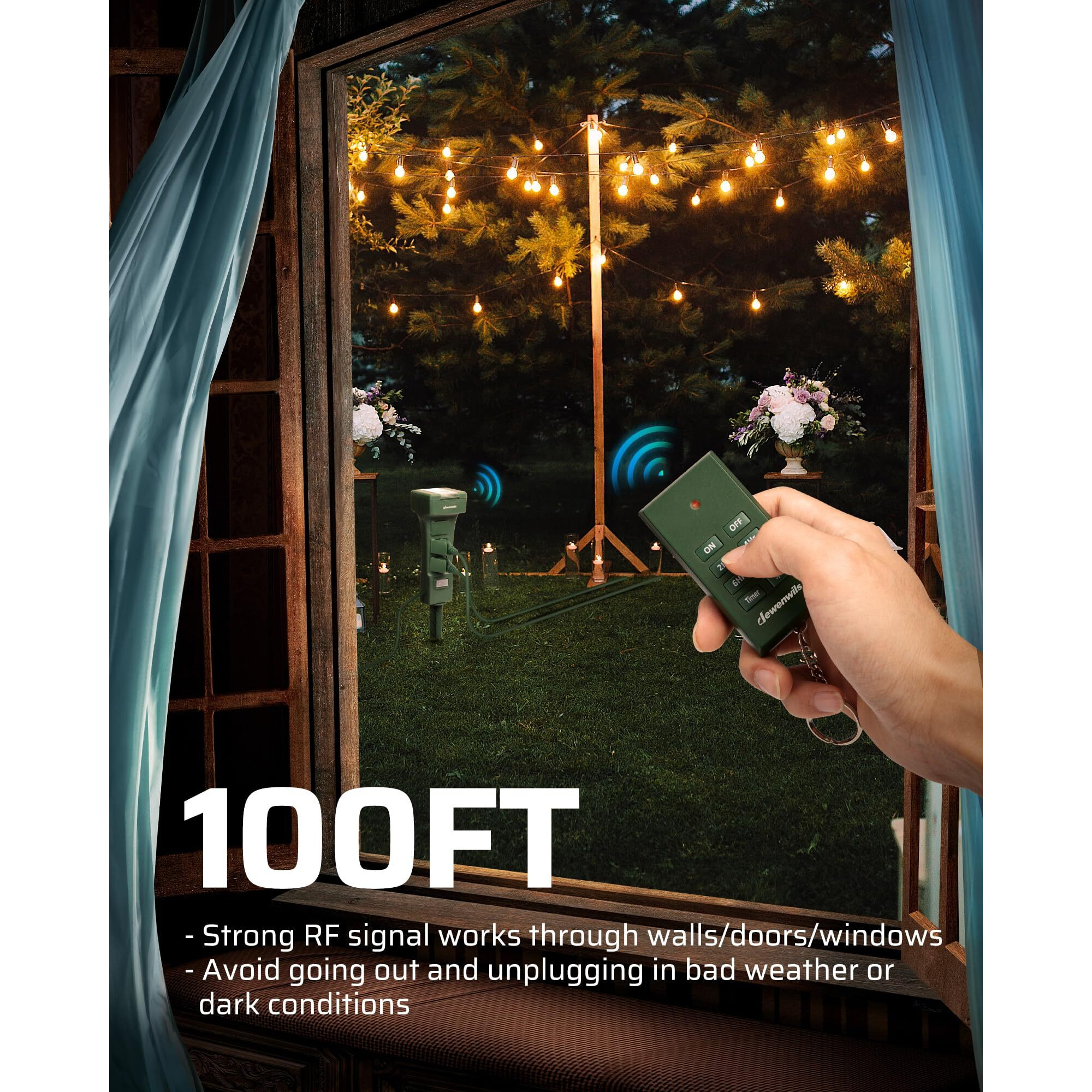 Dewenwils Outdoor Power Stake Timer Waterproof, 100Ft Range Remote Control Outlet Timer, 6 Grounded Outlets 6Ft Cord, Photocell Dusk To Dawn, For Lights, Christmas Decor, Garden, 1875W/15A Ul Listed