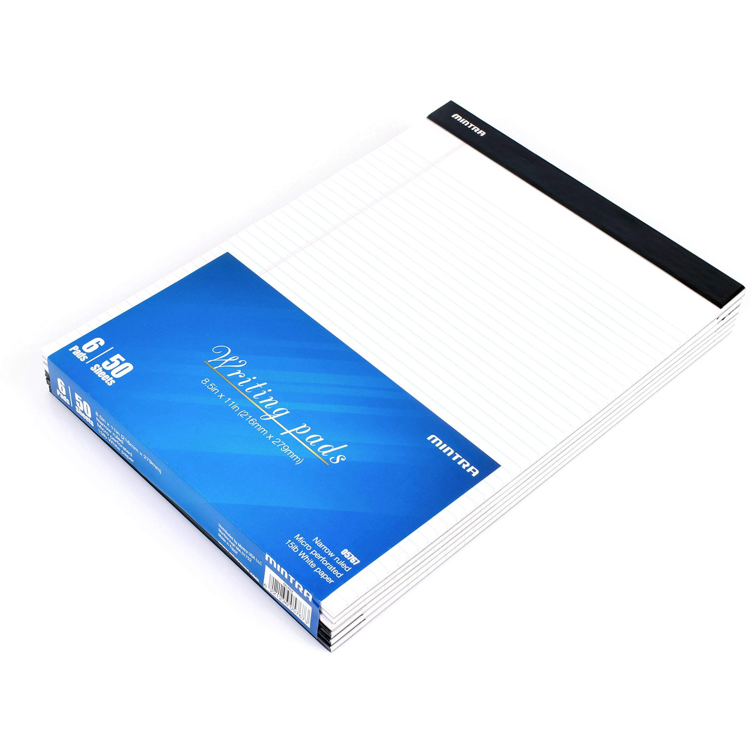 Mintra Office Legal Pads - ((Basic White 6Pk, 8.5In X 11In, Narrow Ruled)) - 50 Sheets Per Notepad, Micro Perforated Writing Pad, Notebook Paper For School, College, Office, Business