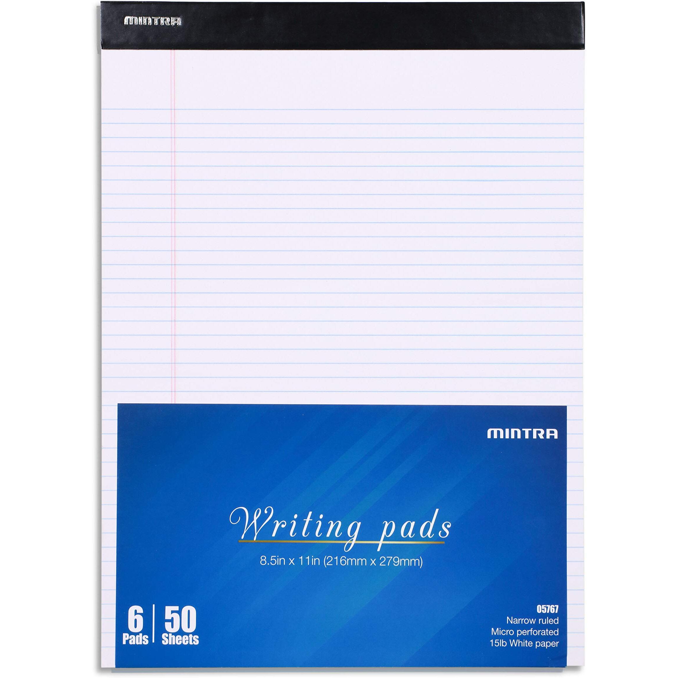 Mintra Office Legal Pads - ((Basic White 6Pk, 8.5In X 11In, Narrow Ruled)) - 50 Sheets Per Notepad, Micro Perforated Writing Pad, Notebook Paper For School, College, Office, Business