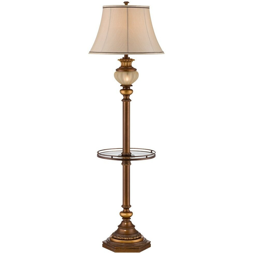 Kathy Ireland Hyde Park Rustic Vintage Floor Lamp With Nightlight Glass Tray 65"" Tall Bronze Gold Metal Pearl White Frosted Glass Fabric Bell Shade For Living Room Reading House Bedroom Home