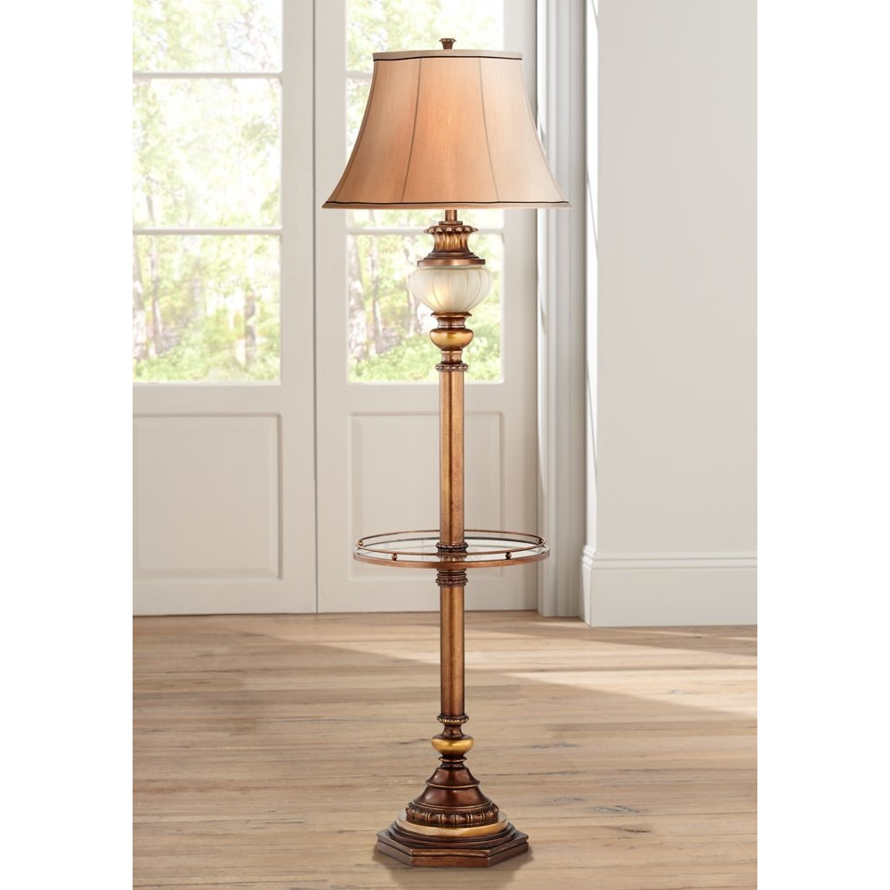 Kathy Ireland Hyde Park Rustic Vintage Floor Lamp With Nightlight Glass Tray 65"" Tall Bronze Gold Metal Pearl White Frosted Glass Fabric Bell Shade For Living Room Reading House Bedroom Home