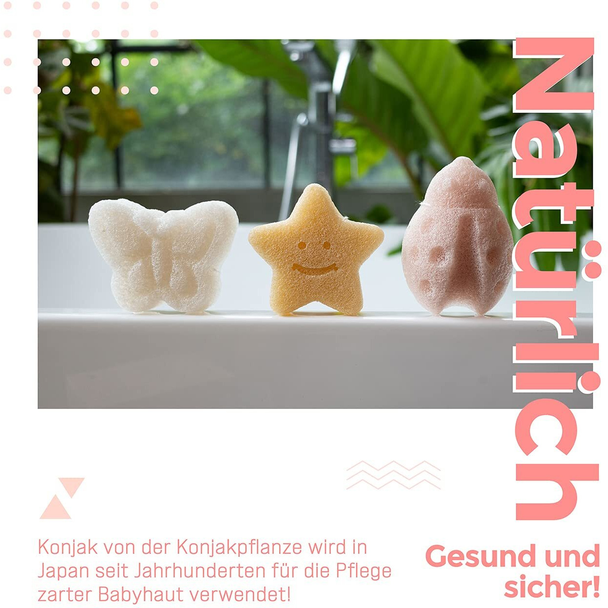 Myhomebody Konjac Baby Sponge For Bathing, Cute Shapes Natural Kids Bath Sponges For Infants, Toddler Bath Time, Natural And Safe Plant-Based Toys, 3Pc. Set Butterfly, Ladybug, Star