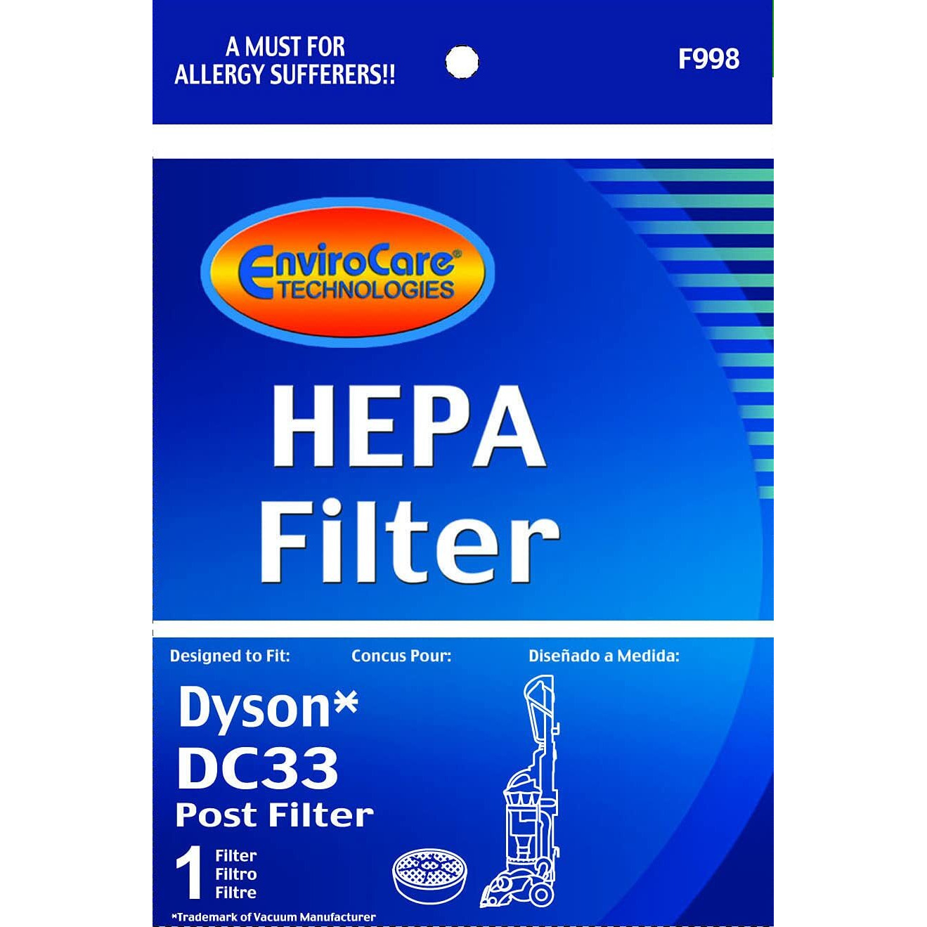 Envirocare Premium Replacement Vacuum Cleaner Post Motor Filter For Dyson Dc33 Multi Floor Vacuums. Fits All Dyson Dc33 Upright Models Dc-33 Animal, Dc-33 All Floors, And Dc33 Multi-Floor Uprights