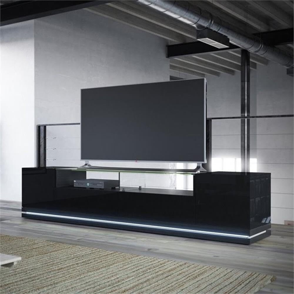 Manhattan Comfort Vanderbilt Collection Contemporary Tv Stand For Flat Screen With Led Lights, 85.4"" L X 17.6"" D X 19.5"" H, Black Gloss And Black Matte