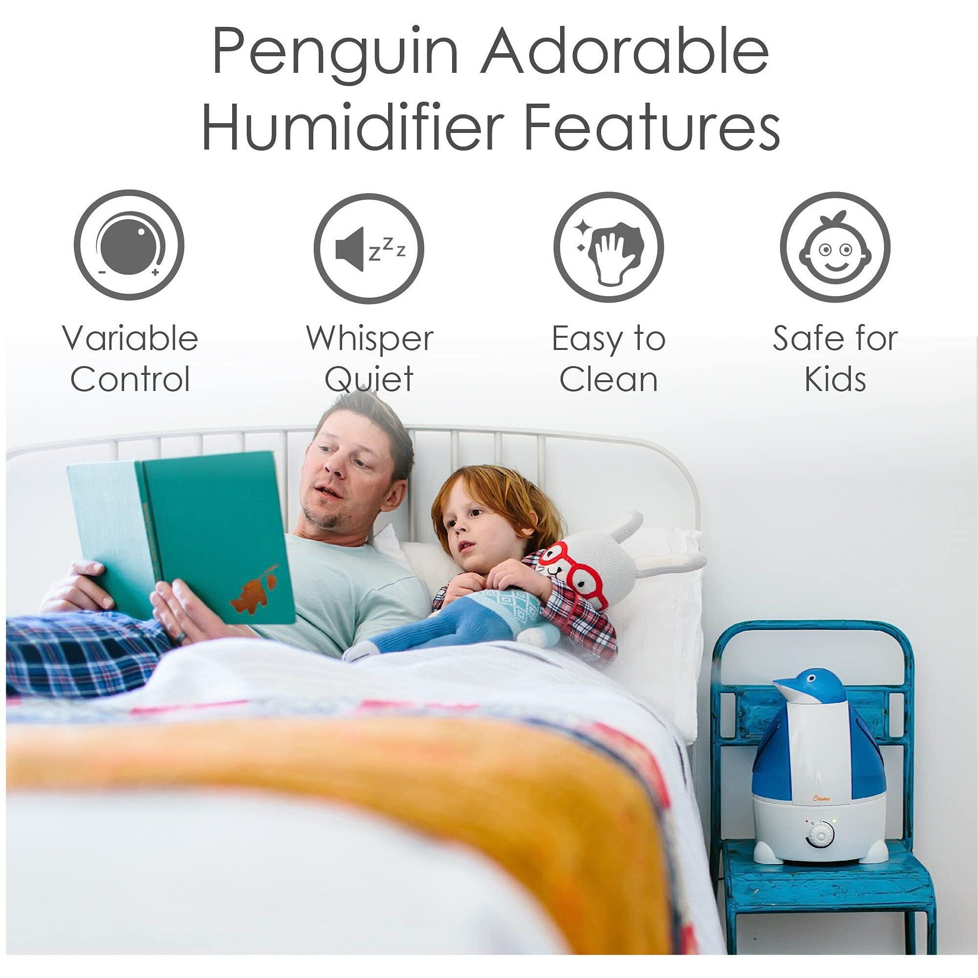 Crane Adorables Ultrasonic Humidifiers For Bedroom And Baby Nursery, 1 Gallon Cool Mist Air Humidifier For Large Room Or Kid's Room, Humidifier Filters Optional, Penguin