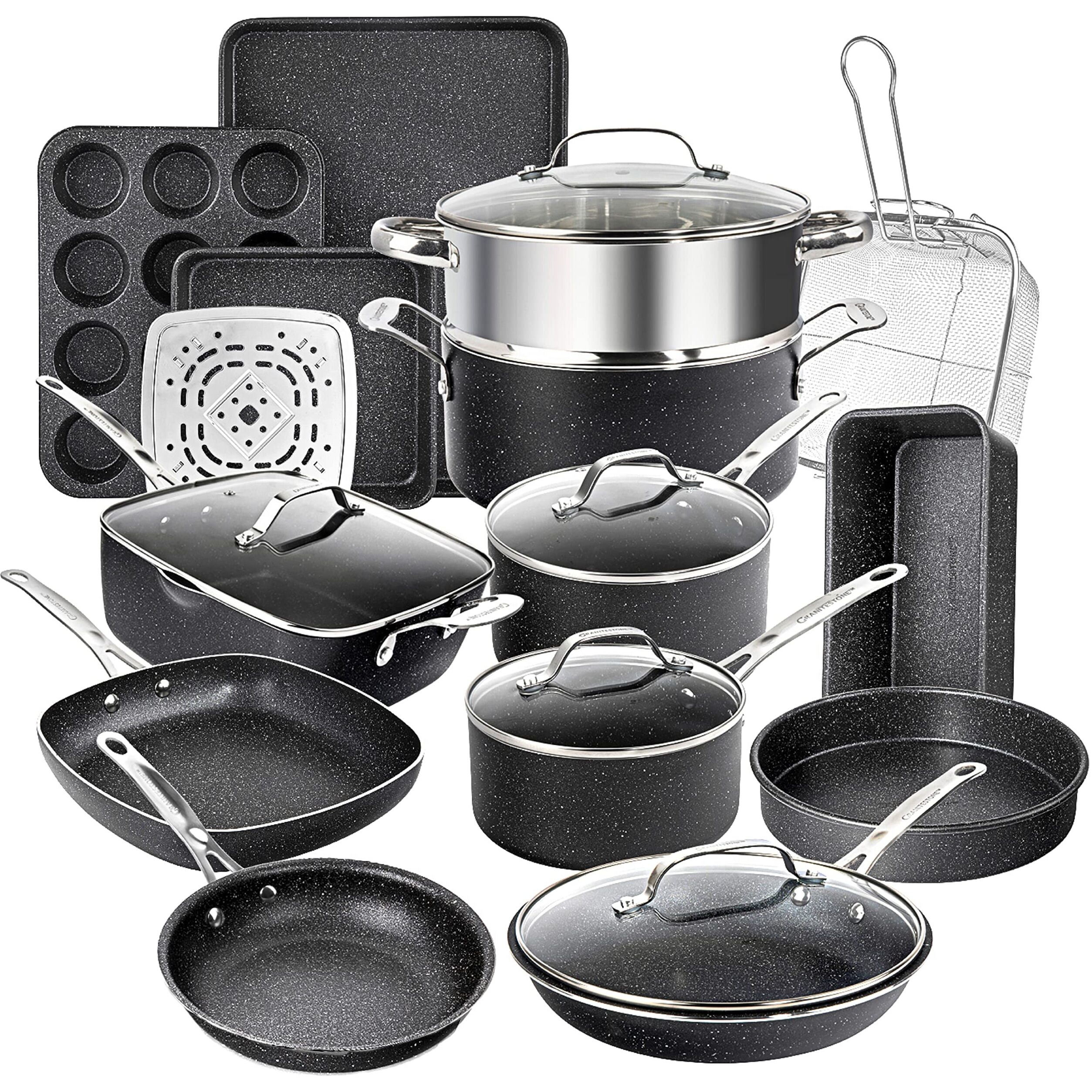 Granitestone 20 Pc Kitchen Pots And Pans Set Non Stick Cookware Set, Kitchen Cookware Sets, Granite Nonstick Cookware Set, Diamond Coated Non Toxic Cookware Set, Oven & Dishwasher Safe - Black