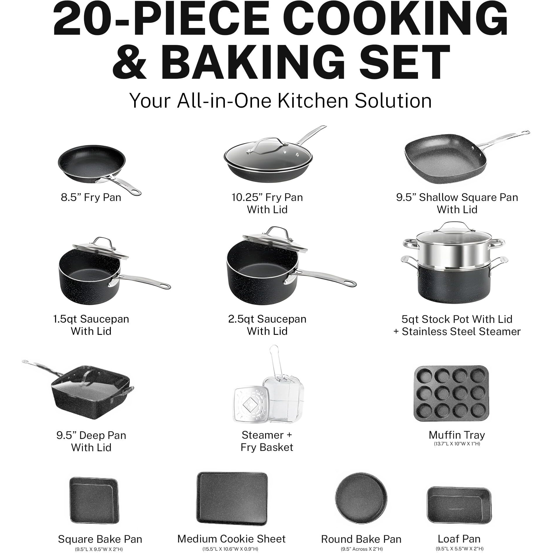 Granitestone 20 Pc Kitchen Pots And Pans Set Non Stick Cookware Set, Kitchen Cookware Sets, Granite Nonstick Cookware Set, Diamond Coated Non Toxic Cookware Set, Oven & Dishwasher Safe - Black