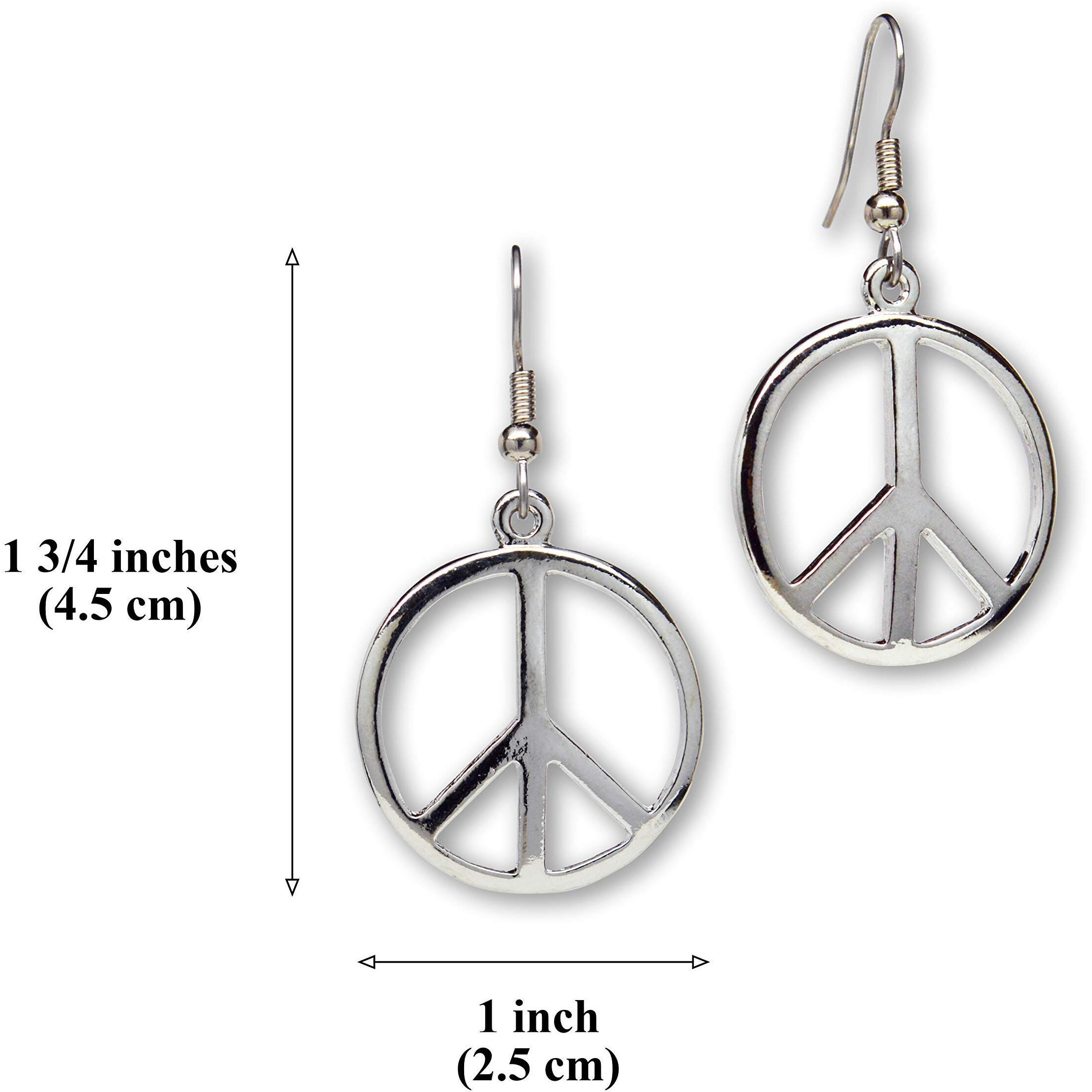 Hippie Peace Sign Dangle Earrings Polished Silver Finish Pewter