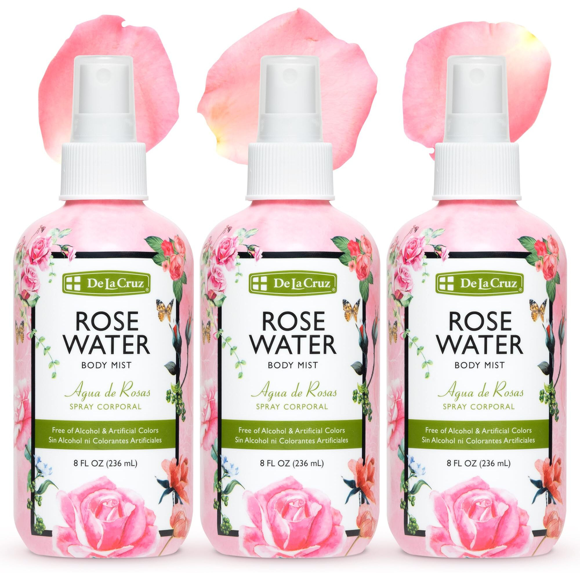 De La Cruz Rose Water Body Mist - Rosewater Spray For Face, Skin And Hair 8 Fl Oz (3 Bottles)