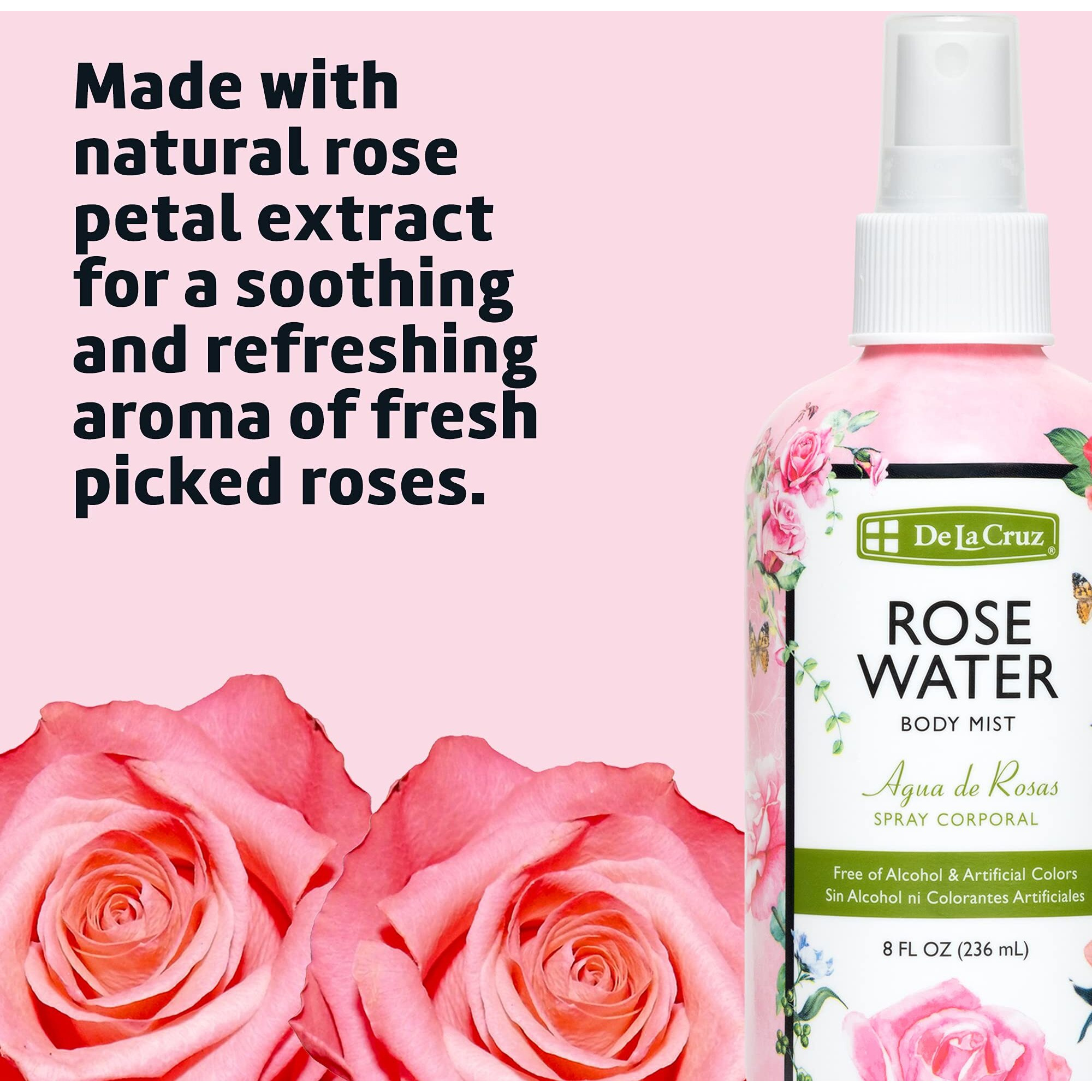 De La Cruz Rose Water Body Mist - Rosewater Spray For Face, Skin And Hair 8 Fl Oz (3 Bottles)