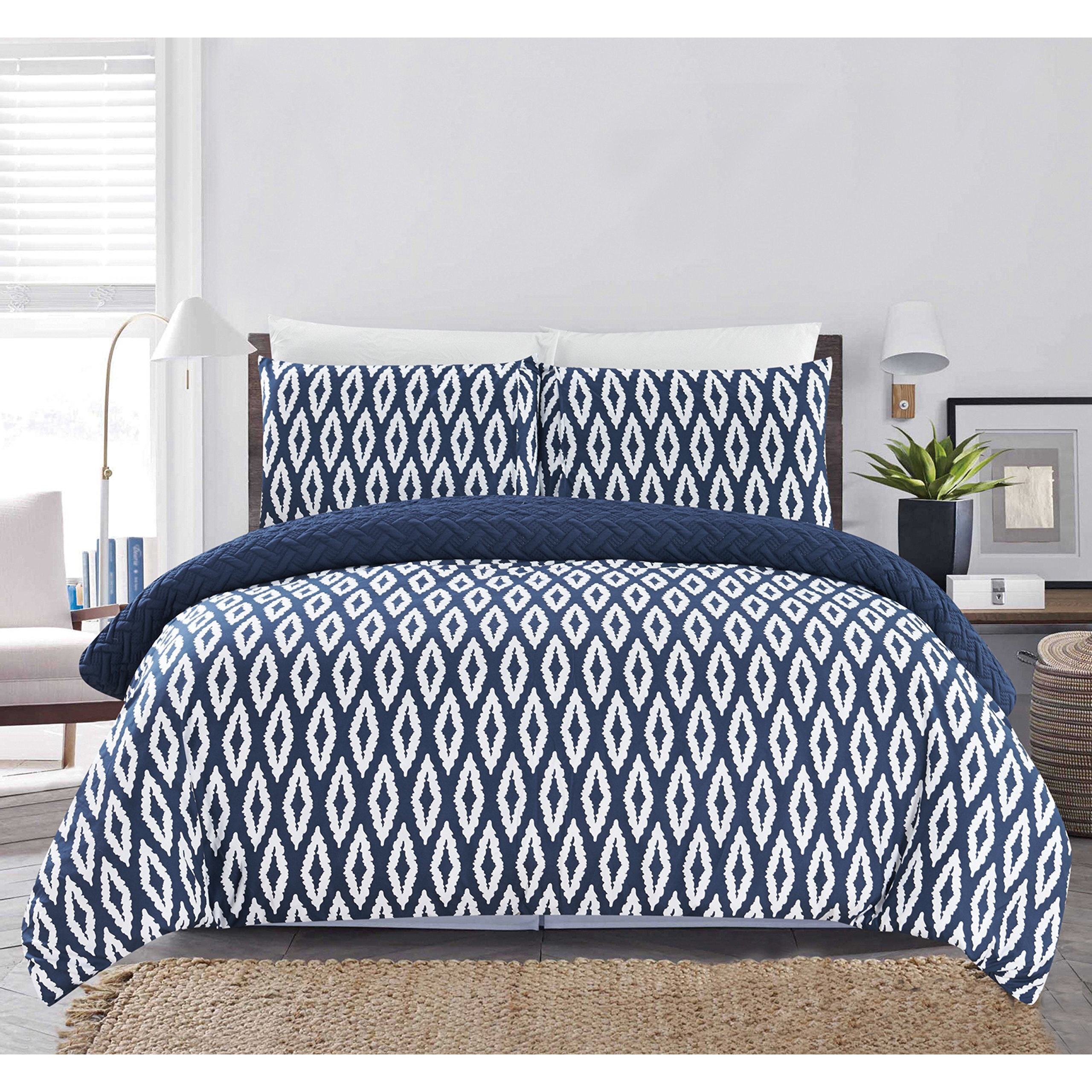 Chic Home 3 Piece Ora Heavy Embossed And Embroidered Quilted Geometrical Pattern Reversible Printed King Comforter Set Navy
