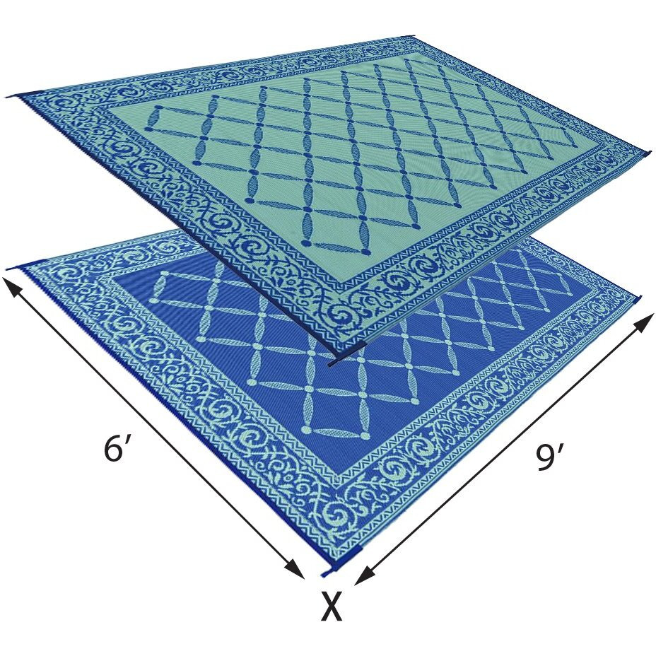 Stylish Camping 116093 6-Feet By 9-Feet Reversible Mat, Plastic Straw Rug, Large Floor Mat For Outdoors, Rv, Patio, Backyard, Picnic, Beach, Camping (Blue/Light-Green)