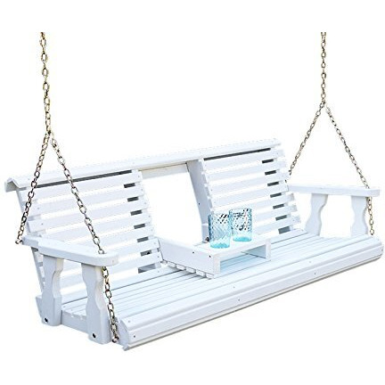 Porchgate Amish Heavy Duty Console Porch Swing With Fold Down Cup Holders In White Stain - Amish Made In The Usa From Treated Pine, Hanging Chains Included