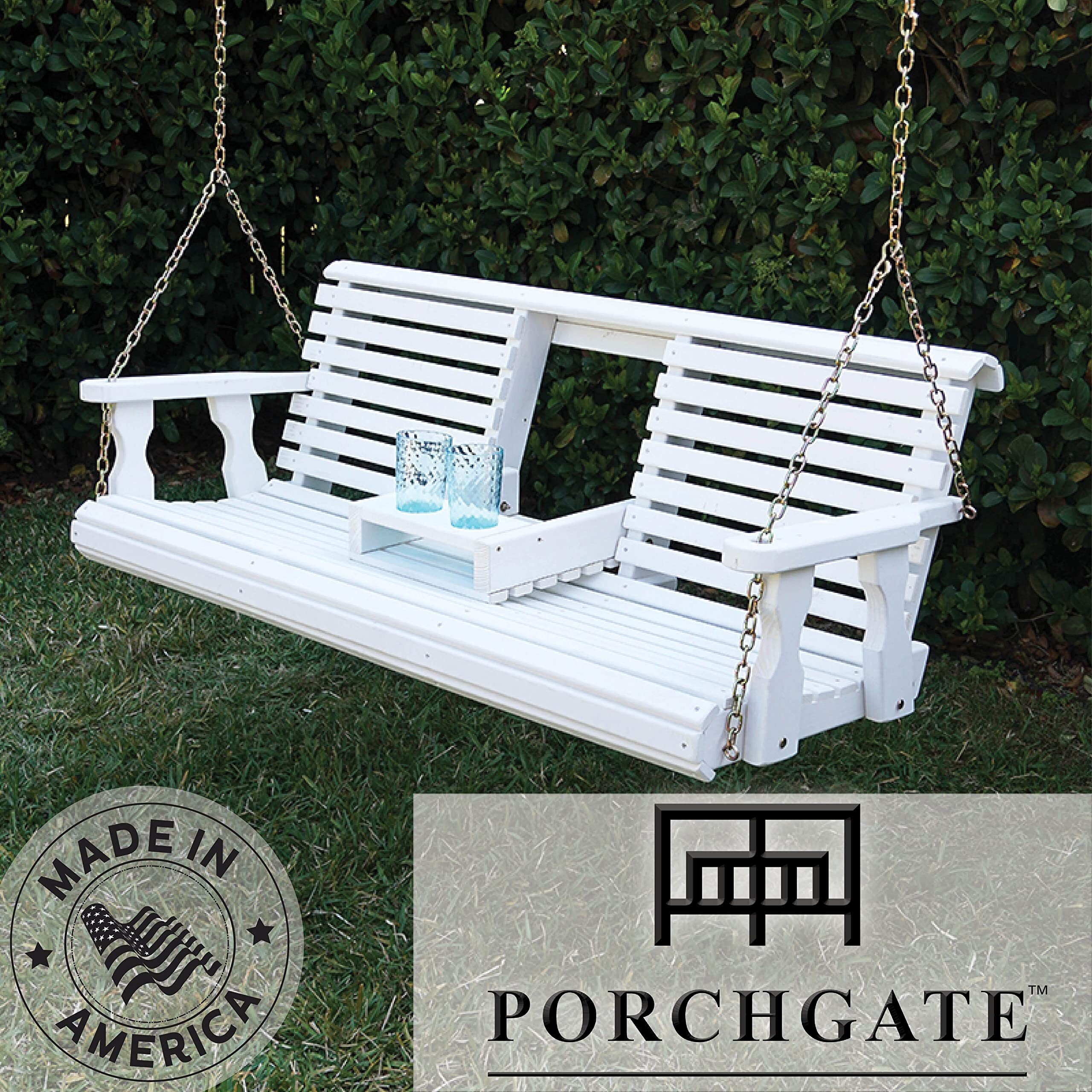 Porchgate Amish Heavy Duty Console Porch Swing With Fold Down Cup Holders In White Stain - Amish Made In The Usa From Treated Pine, Hanging Chains Included