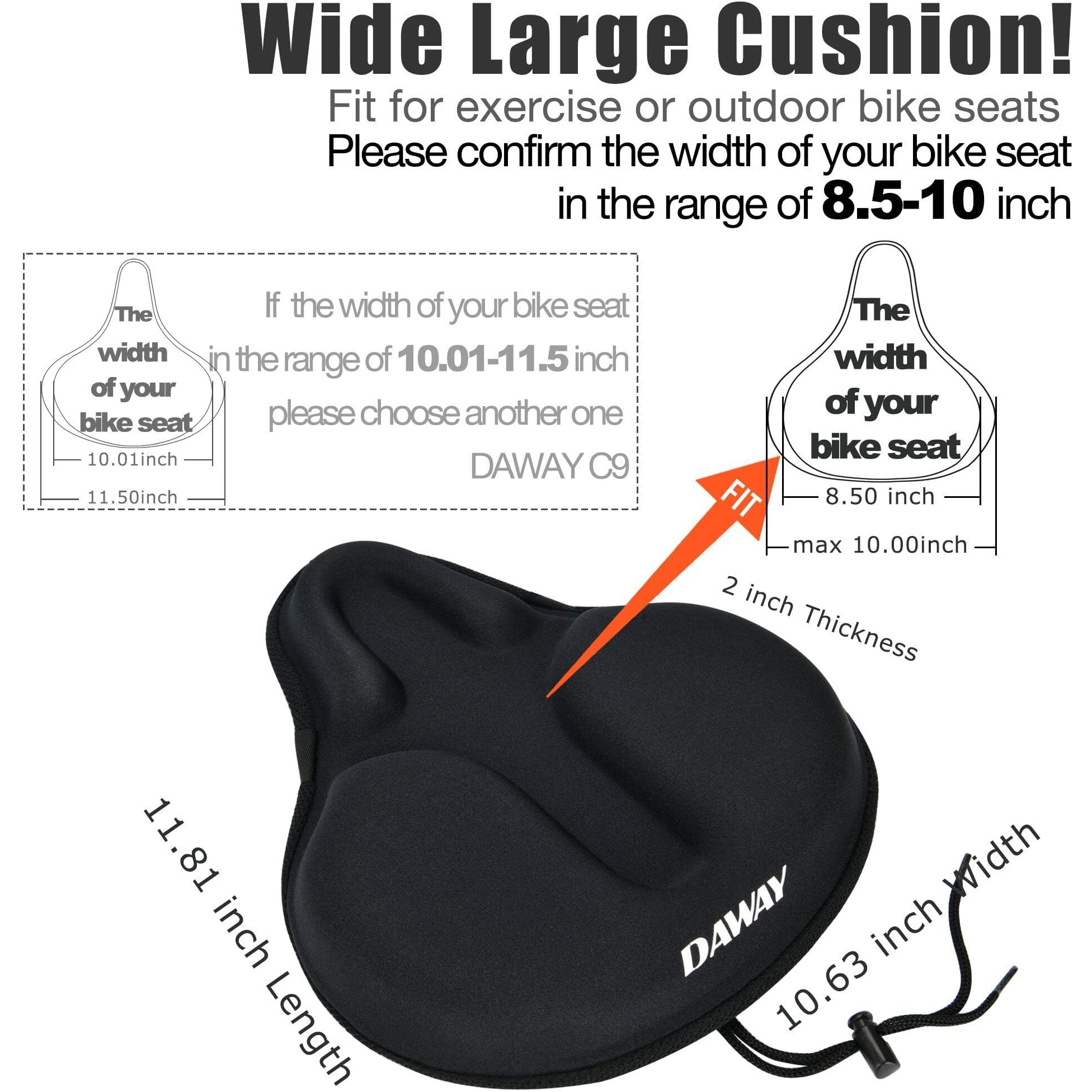 Daway C6 Large Comfortable Exercise Bike Seat Cover - Wide Soft Foam & Gel Padded Bicycle Saddle Cushion For Women Men Seniors, Fits For Peloton, Stationary, Cruiser Bikes, Indoor Outdoor Cycling