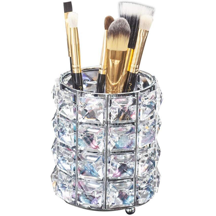 Lugunu Makeup Brush Holder Organizer Golden Crystal Bling Personalized Gold Comb Brushes Pen Pencil Storage Box Container (Crystal Pot-Sliver)